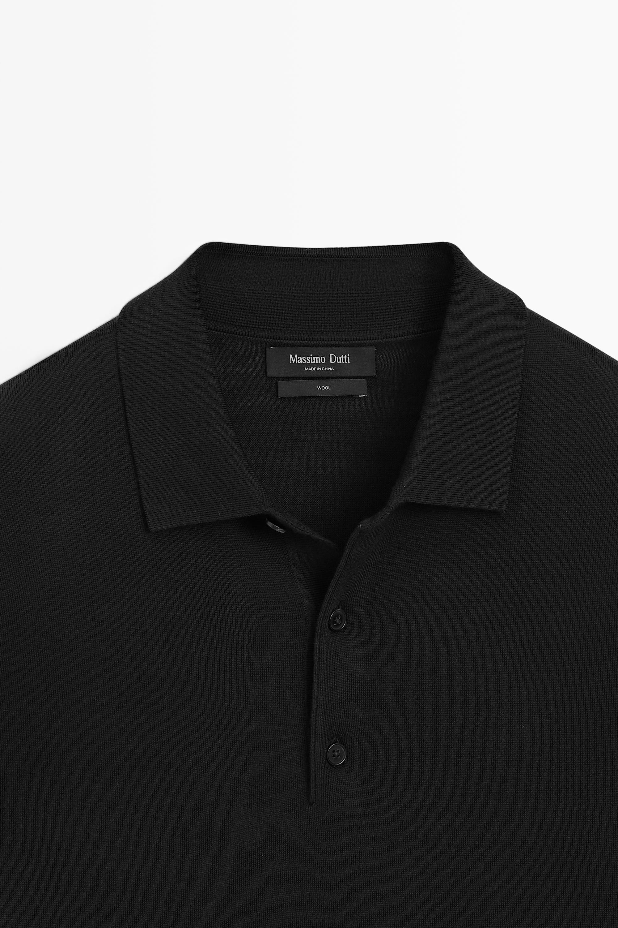 100% merino wool knit polo sweater — BLACK