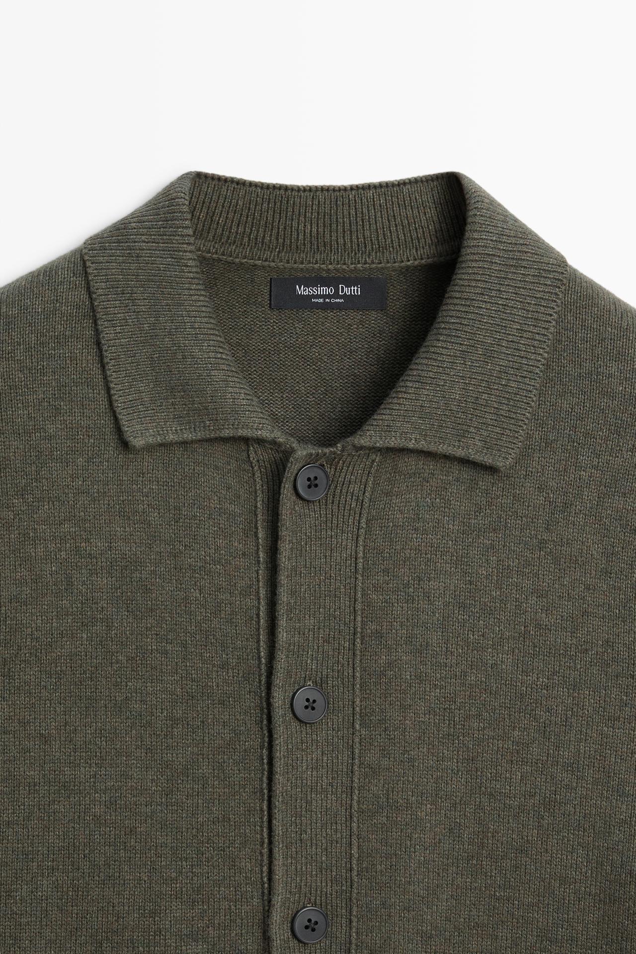 Wool blend polo collar cardigan — KHAKI