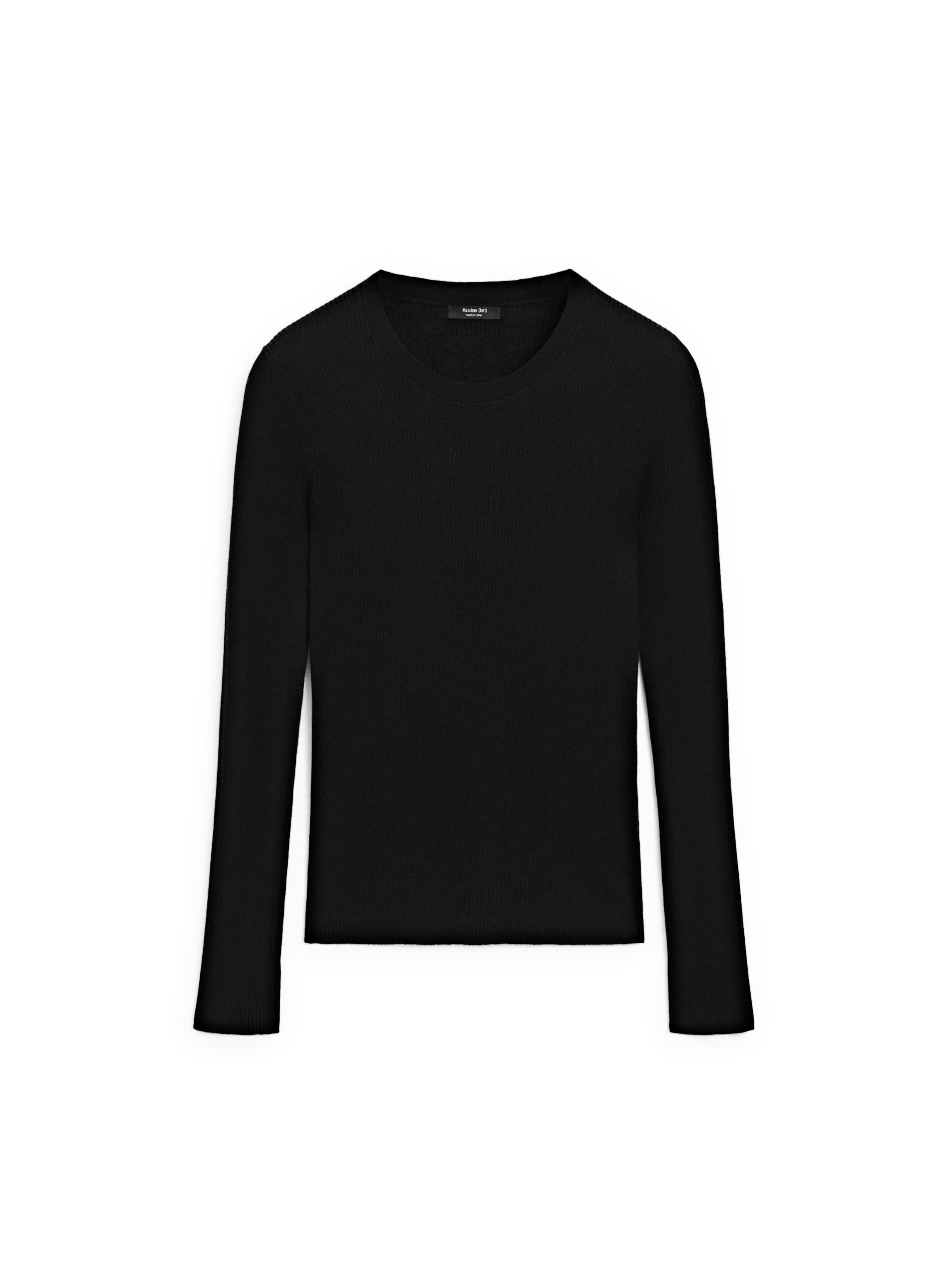 Ribbed knit round neck sweater — BLACK