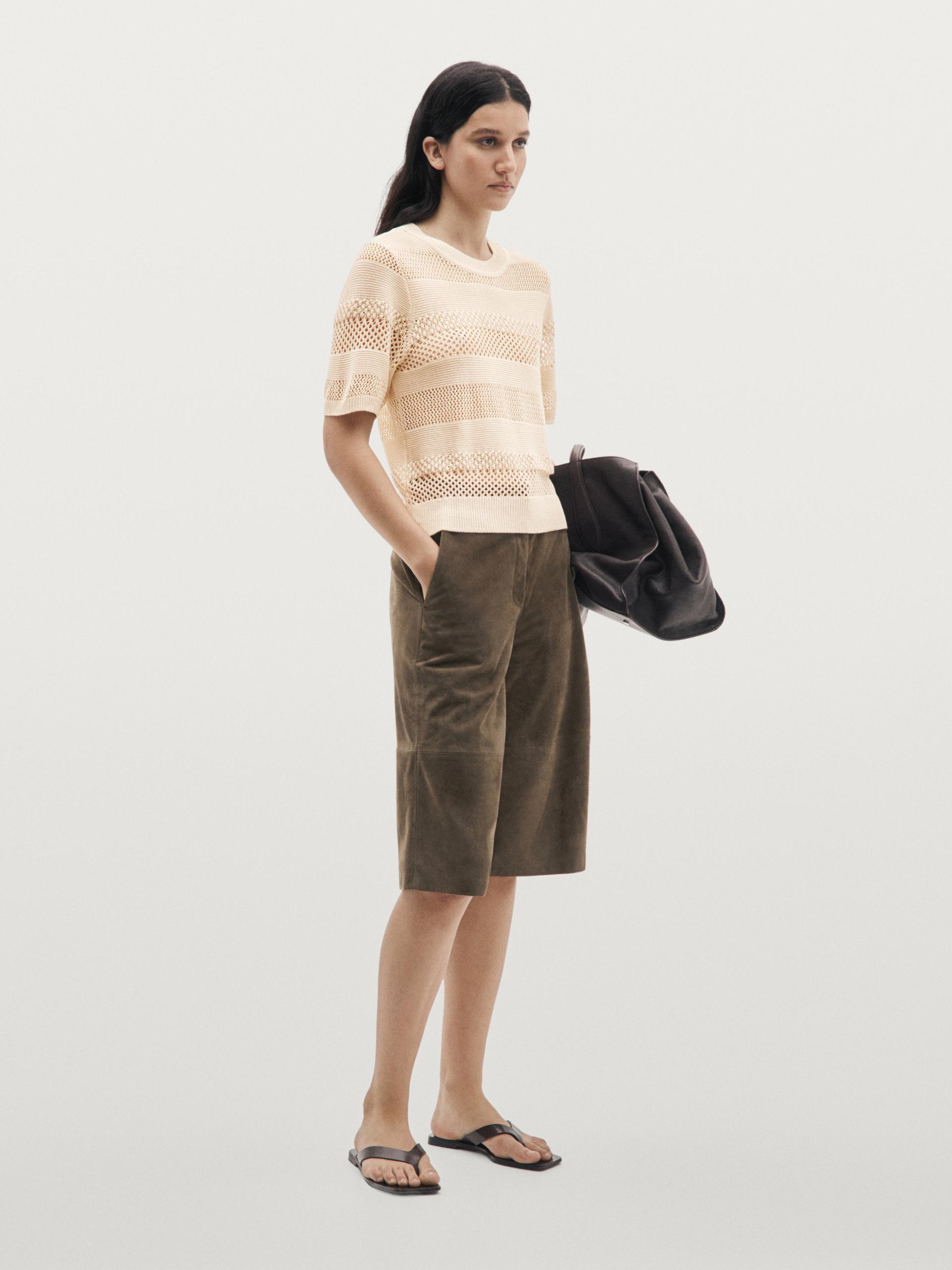 Top In Maglia Traforato A Maniche Corte - Ecru - Xs - Massimo Dutti - Femminile