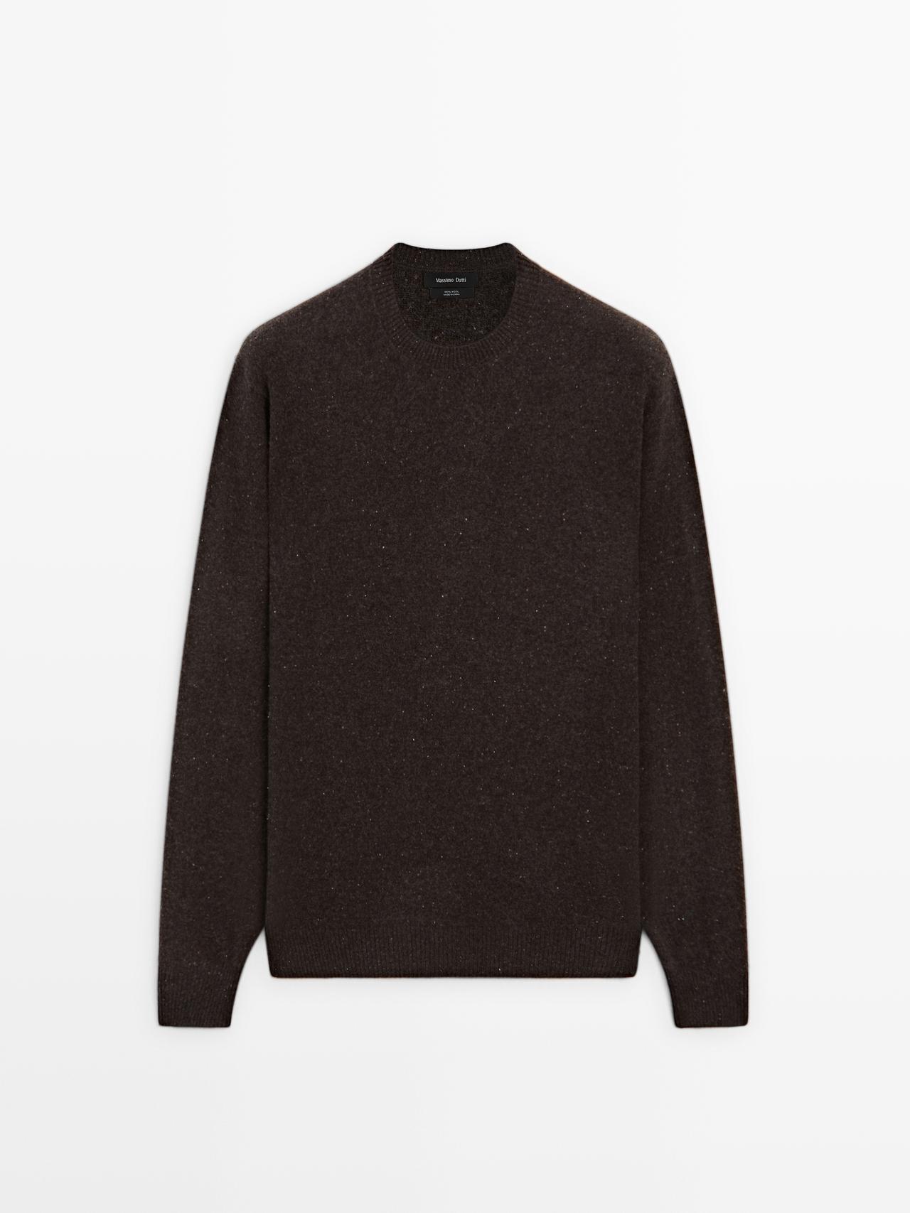 Massimo Dutti - Herre - Striktrøje Med Rund Hals Og Kontrastdetalje - Brun - Xl