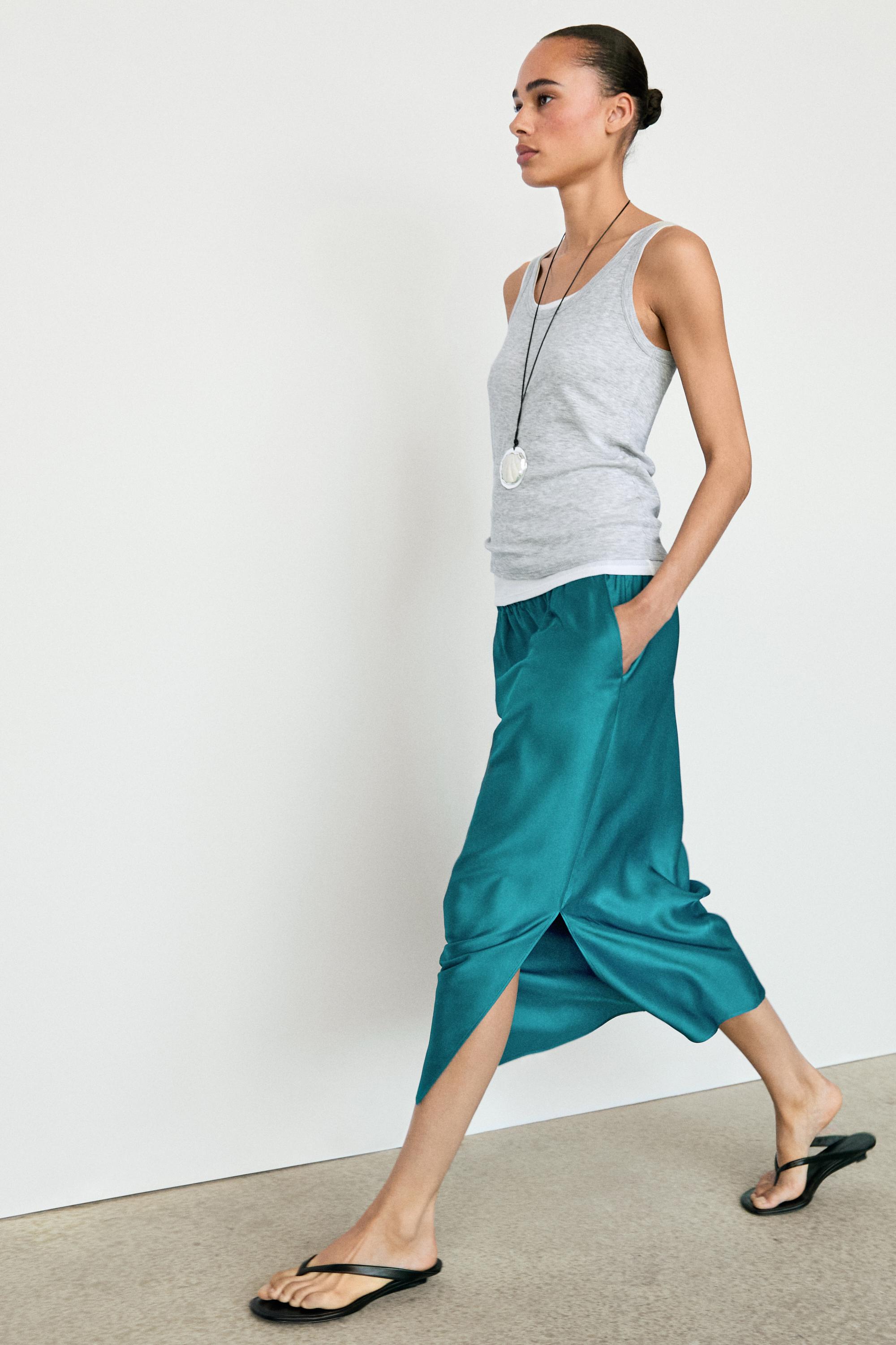 Satin midi skirt with pockets — BLUE