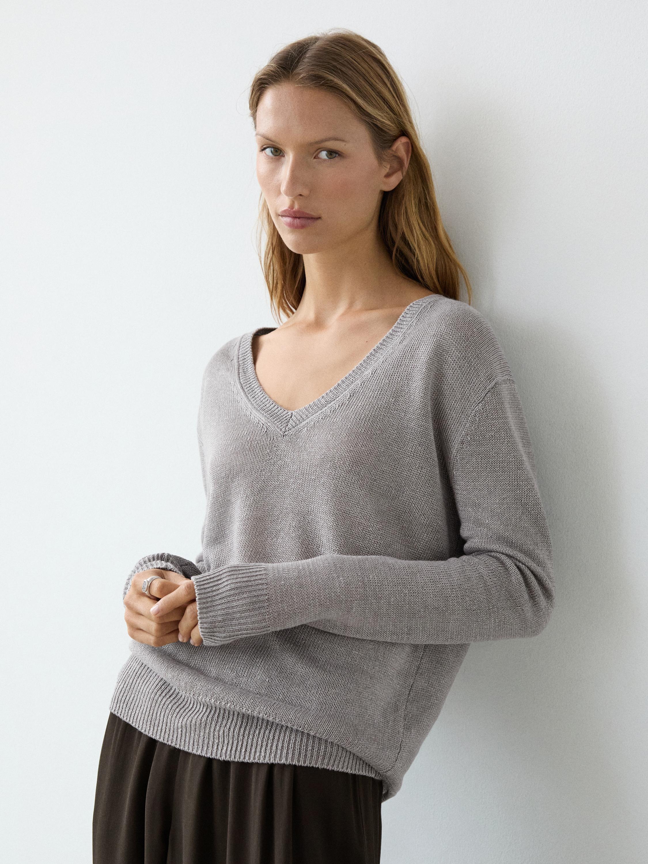 Pull en maille 100 % lin à col en V