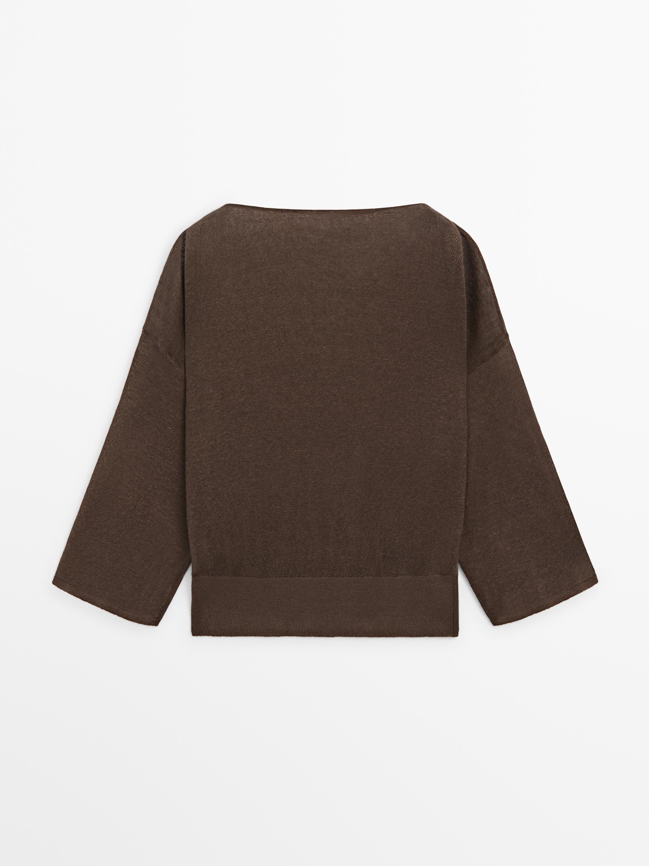 Linen knit boat neck T-shirt — BROWN