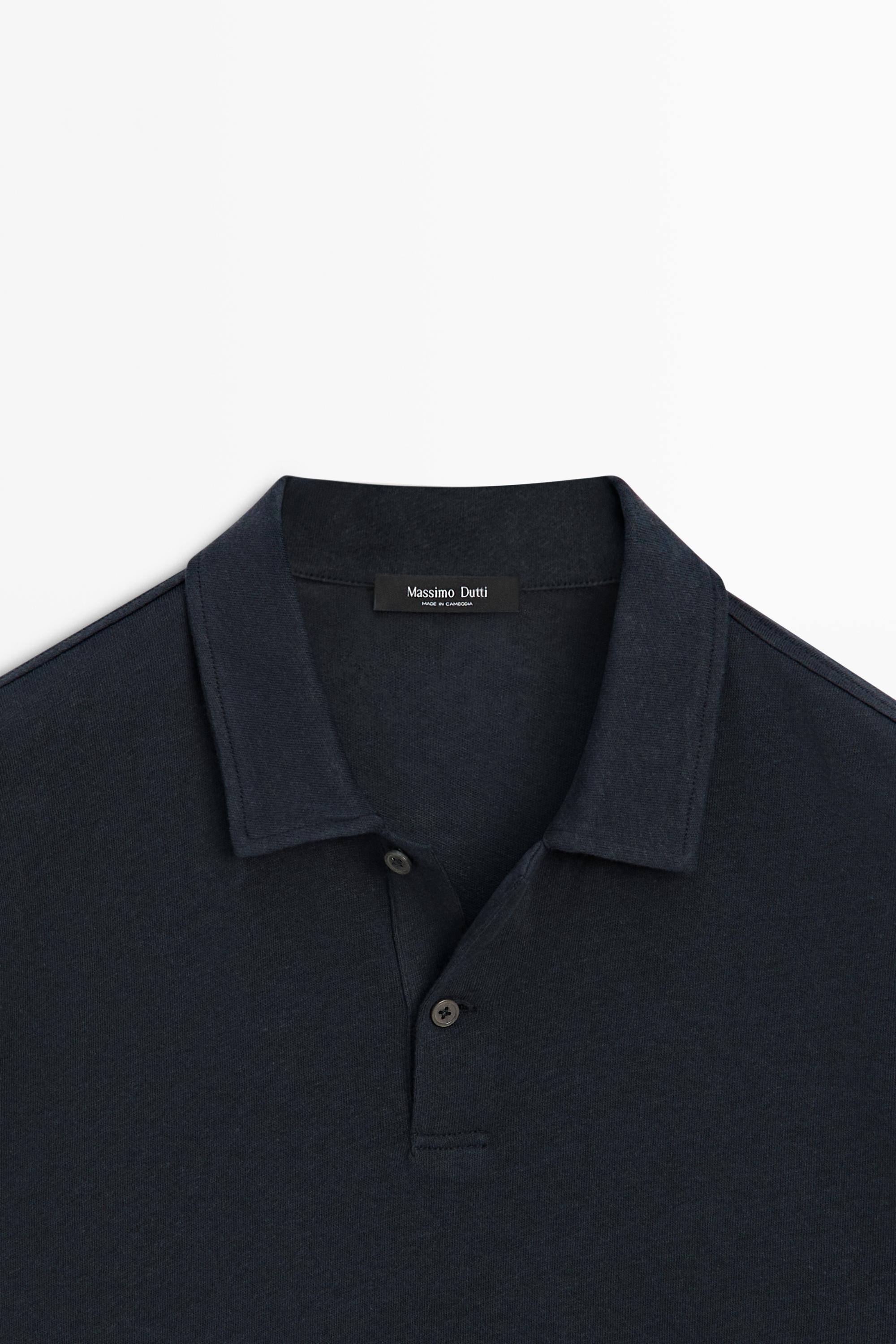 Linen and cotton short sleeve polo shirt — NAVY BLUE