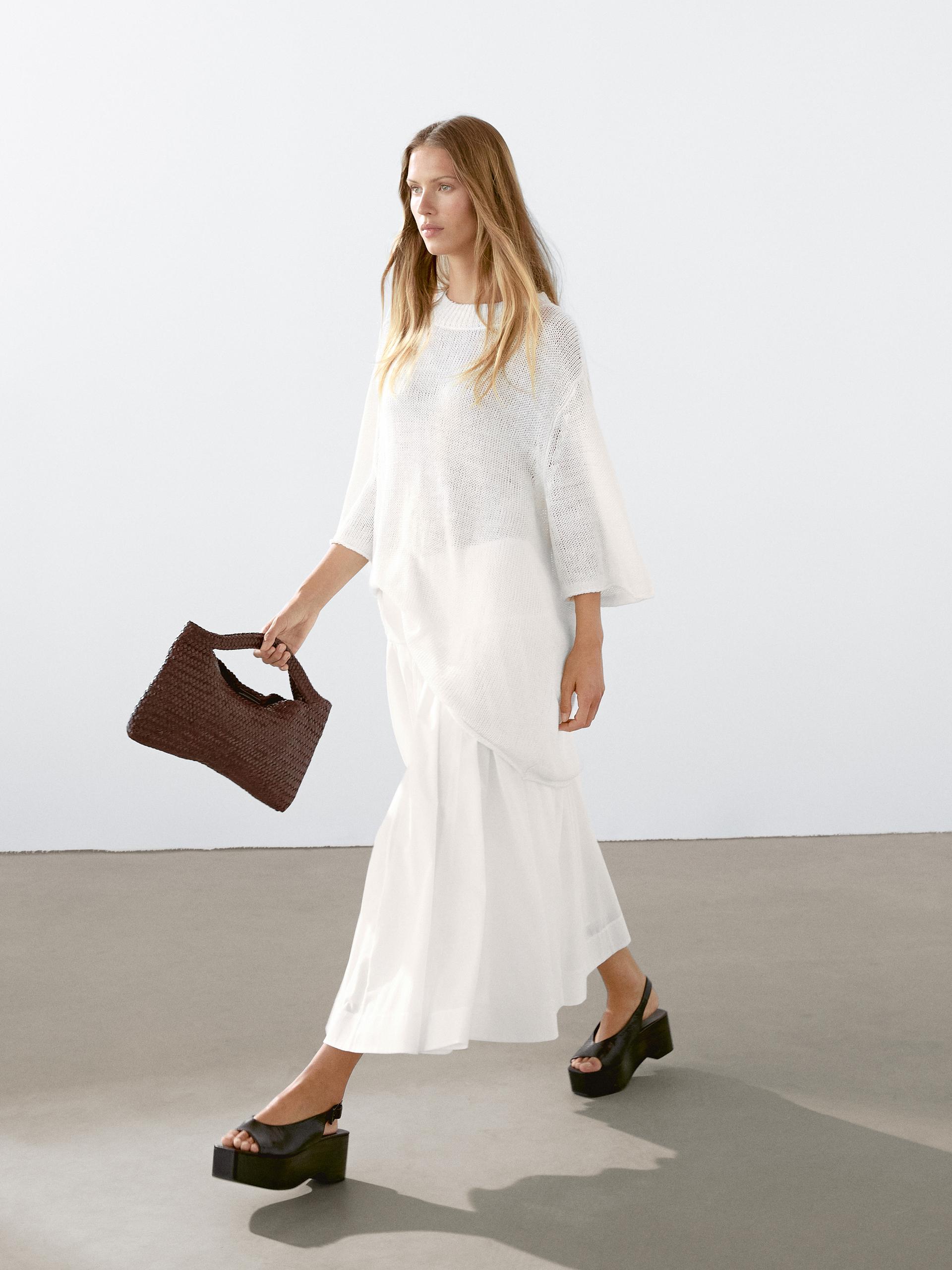 Massimo Dutti Short Sleeve Linen Knit Sweater In White