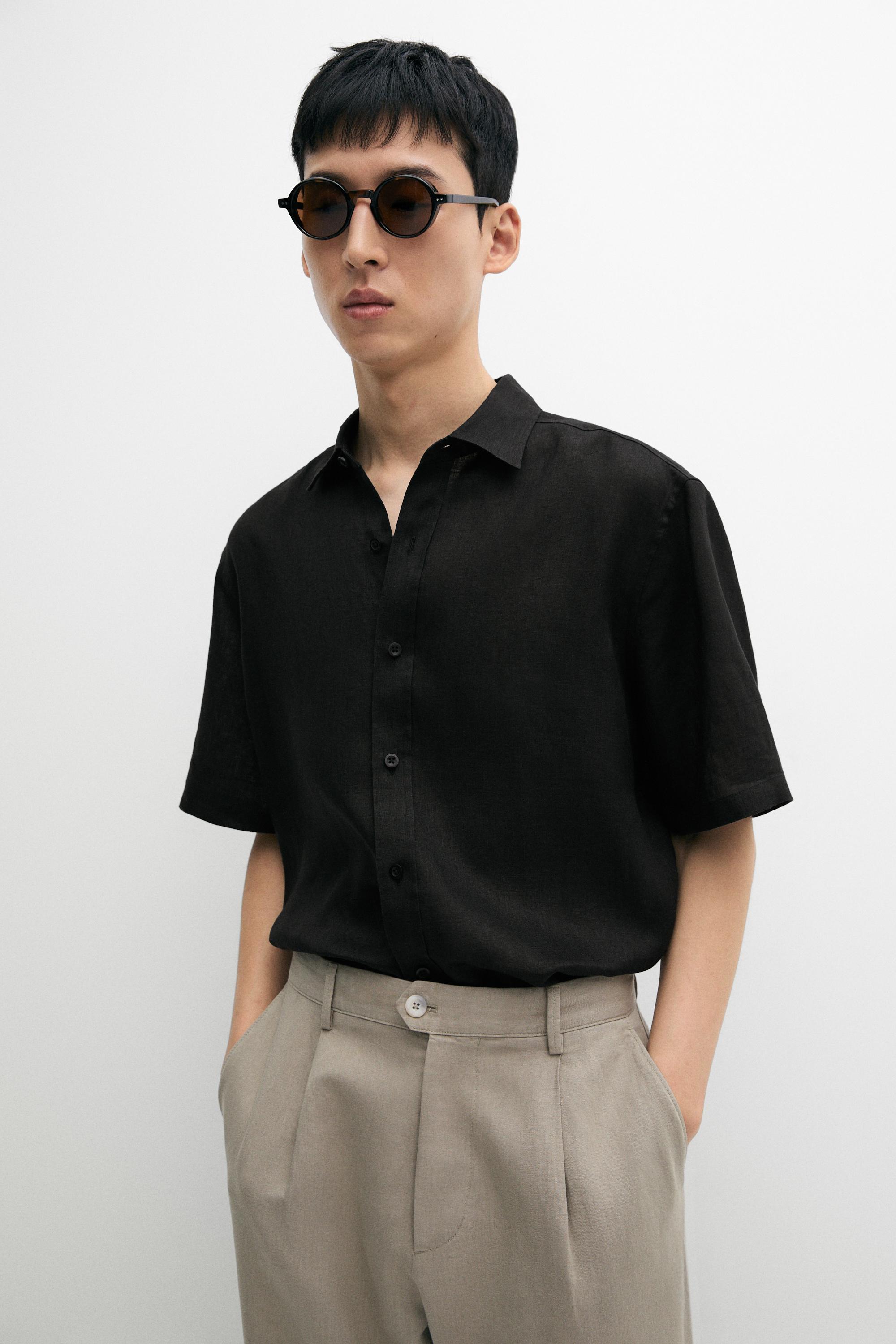 Regular fit 100% linen short sleeve shirt — BLACK