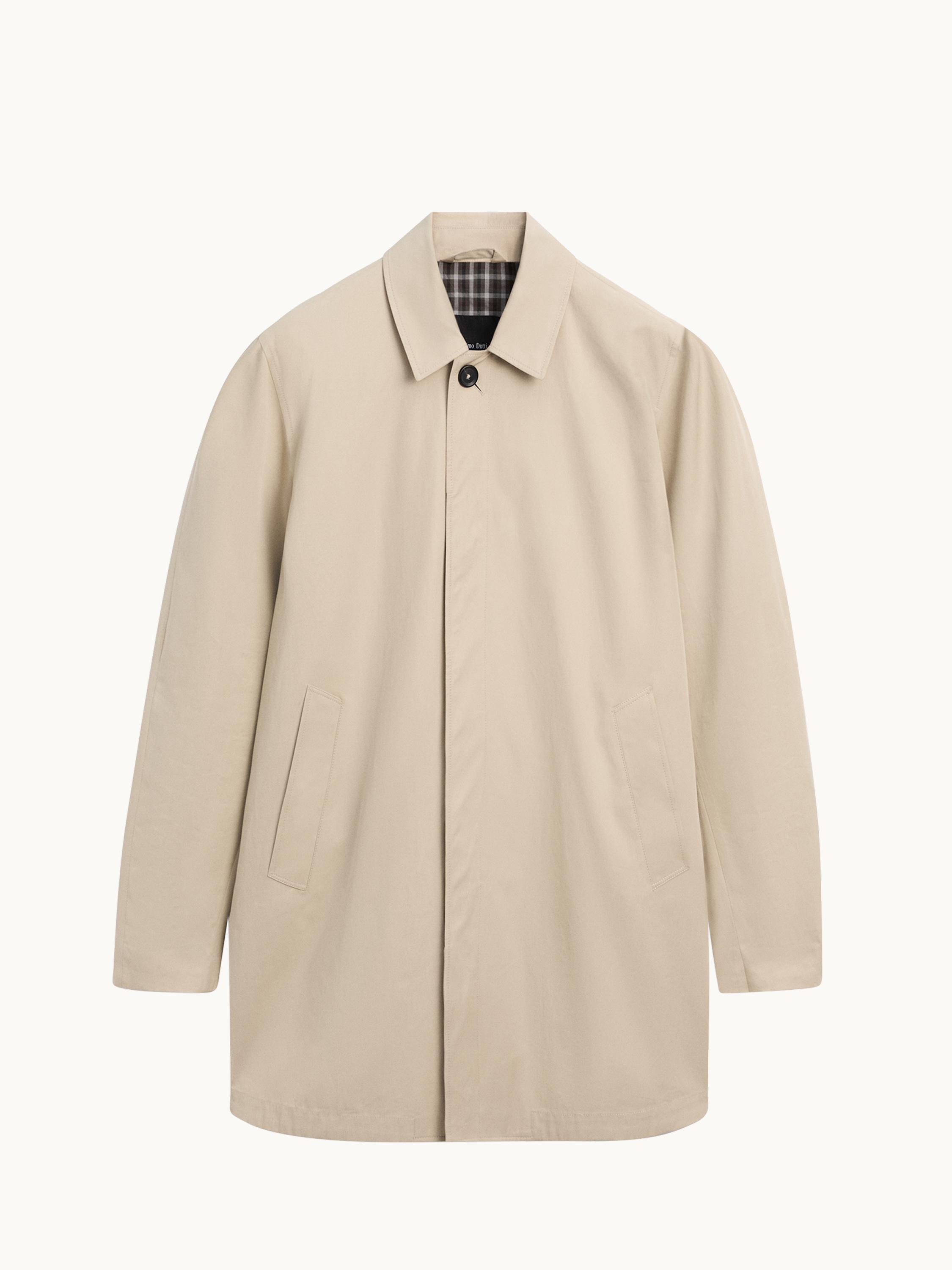 Check cotton trench coat with interior detail — BEIGE