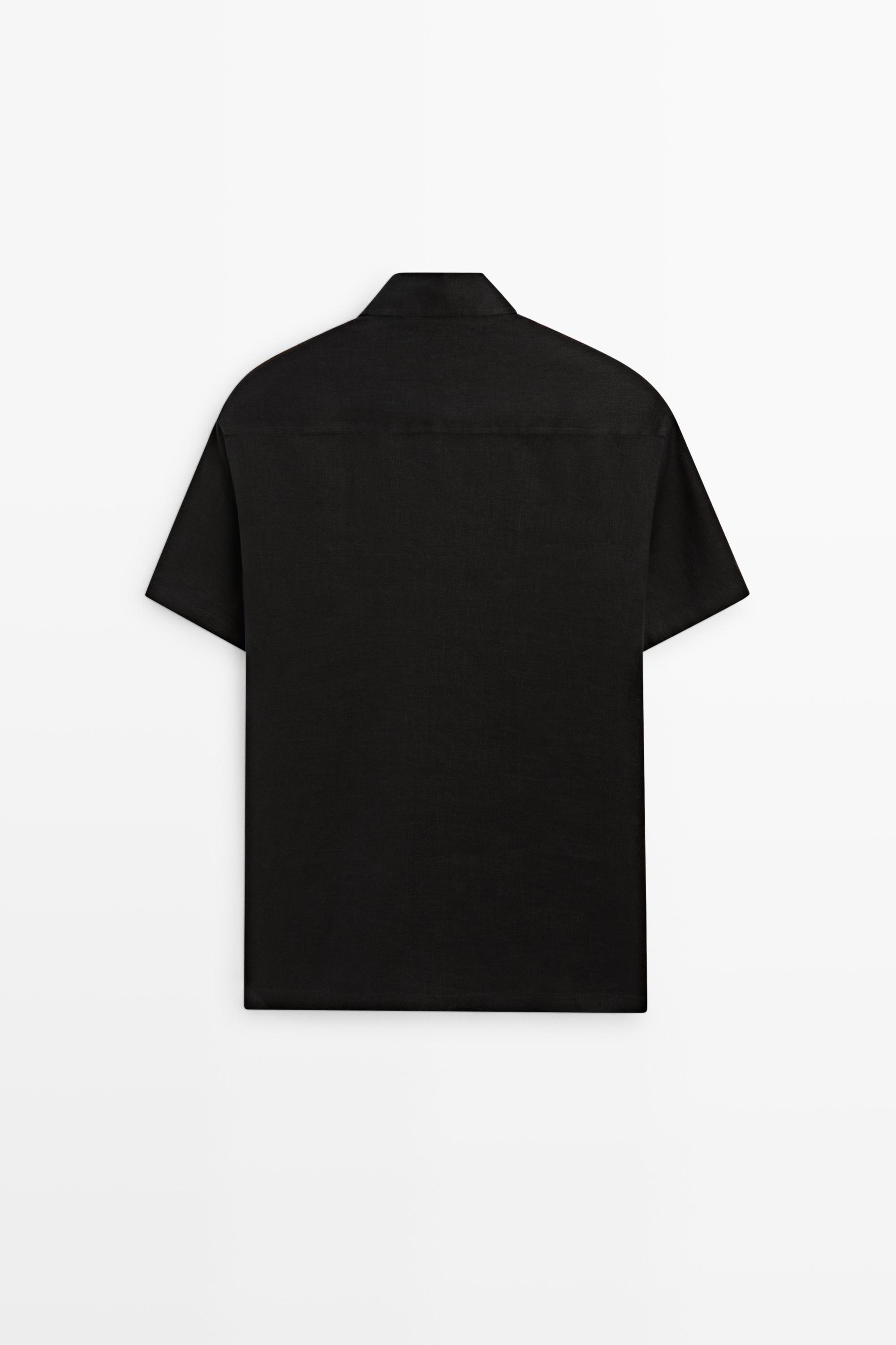 Regular fit 100% linen short sleeve shirt — BLACK