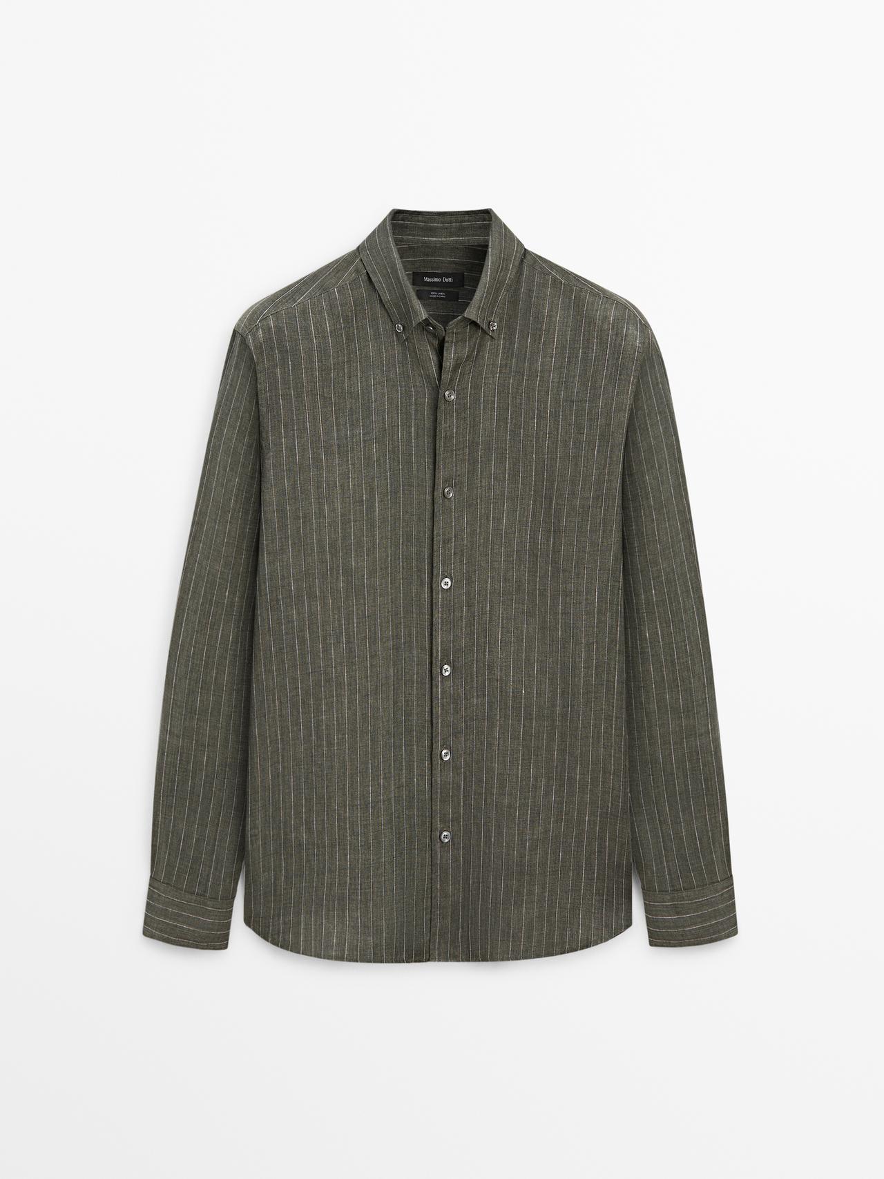 Massimo Dutti - Heren - Soepelvallend Linnen Overhemd Met Strepen - Vig Groen - M