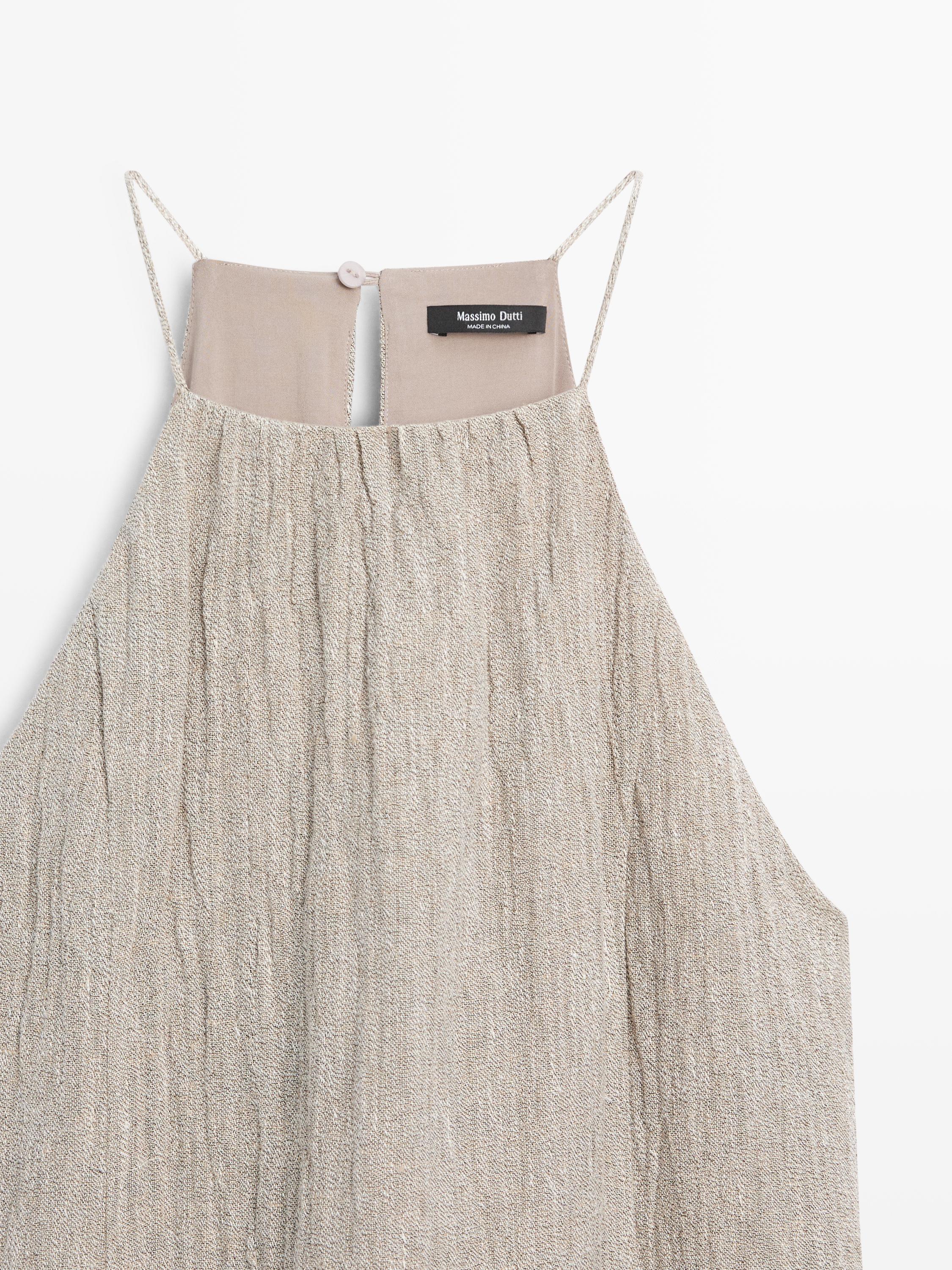 Flowing linen blend dress with gathered neckline — GREY