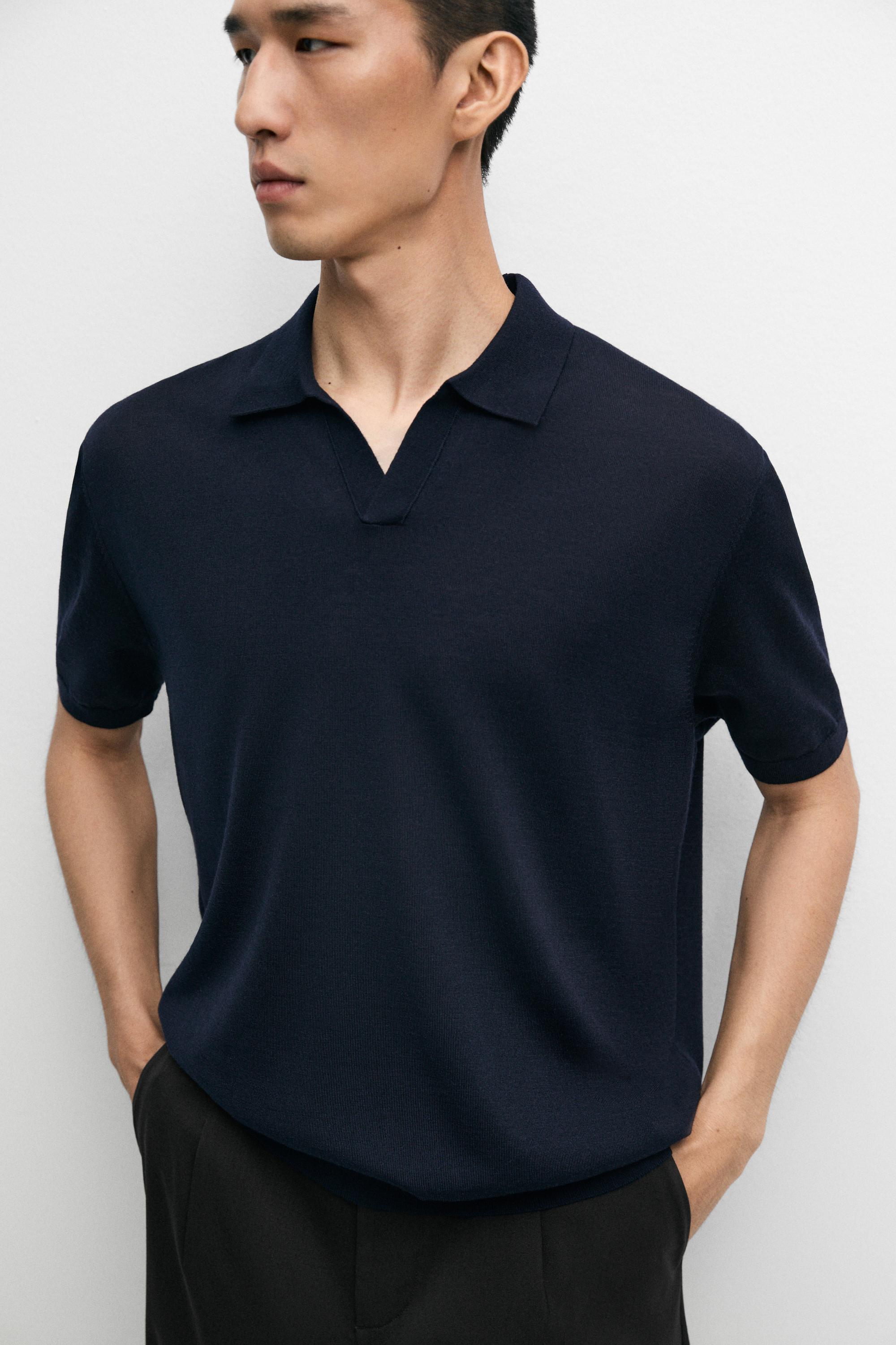 Short sleeve wool blend knit polo shirt — NAVY BLUE