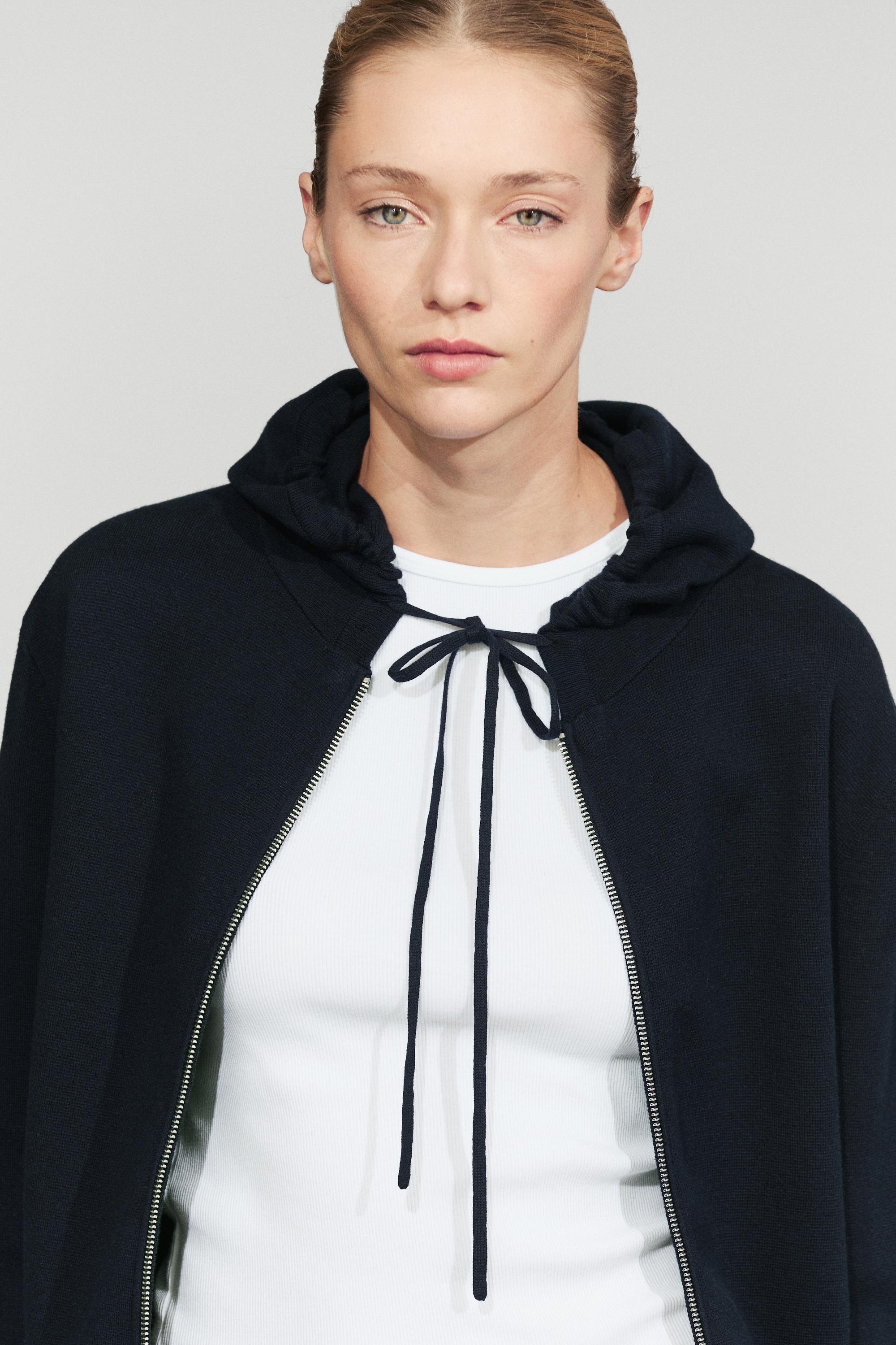 Cotton blend knit hooded cardigan — NAVY BLUE
