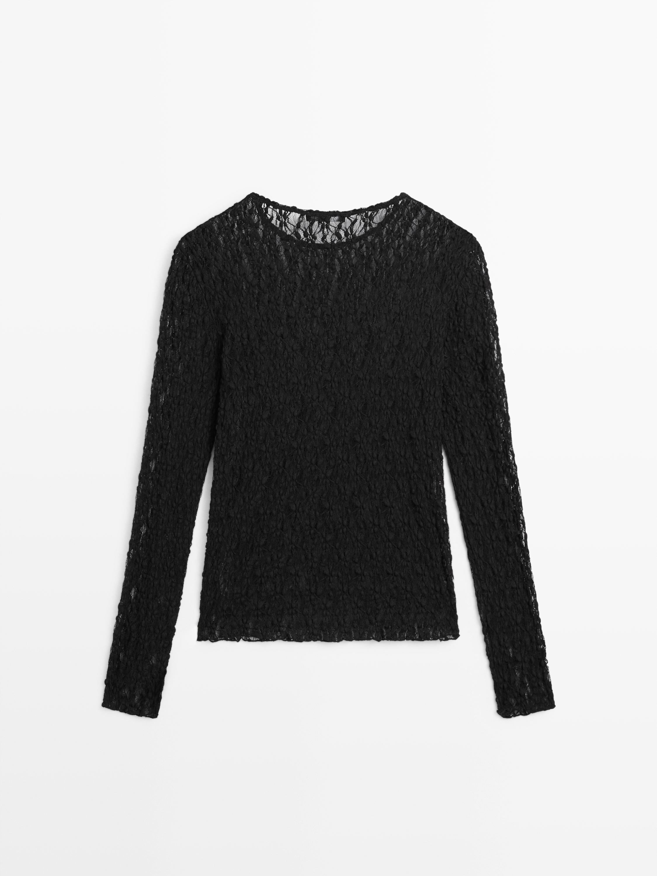Openwork knit top with long sleeves and lace · Black, Cream · T