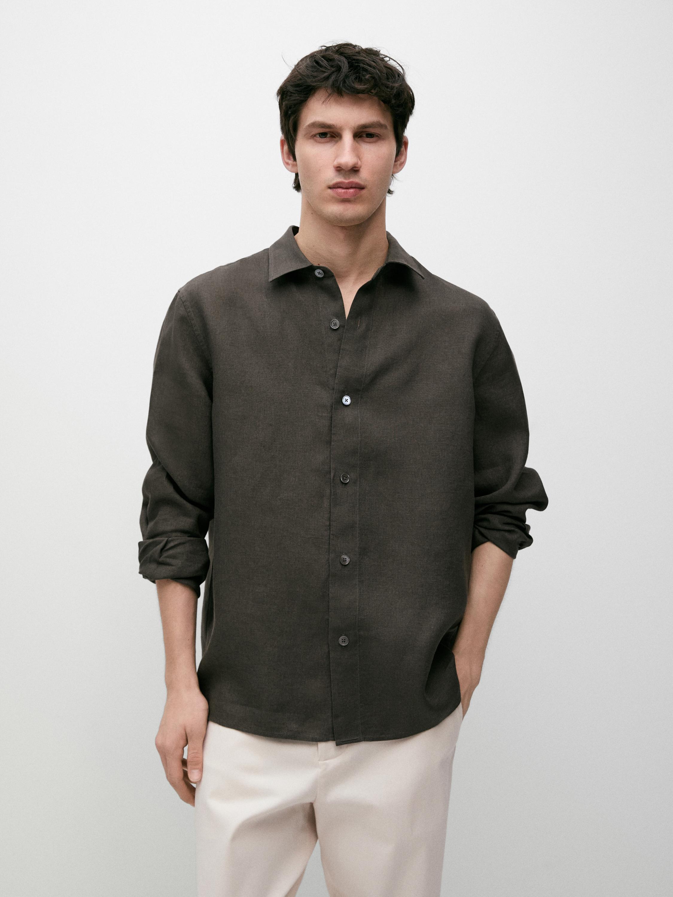 100% linen regular fit shirt — DARK GREEN