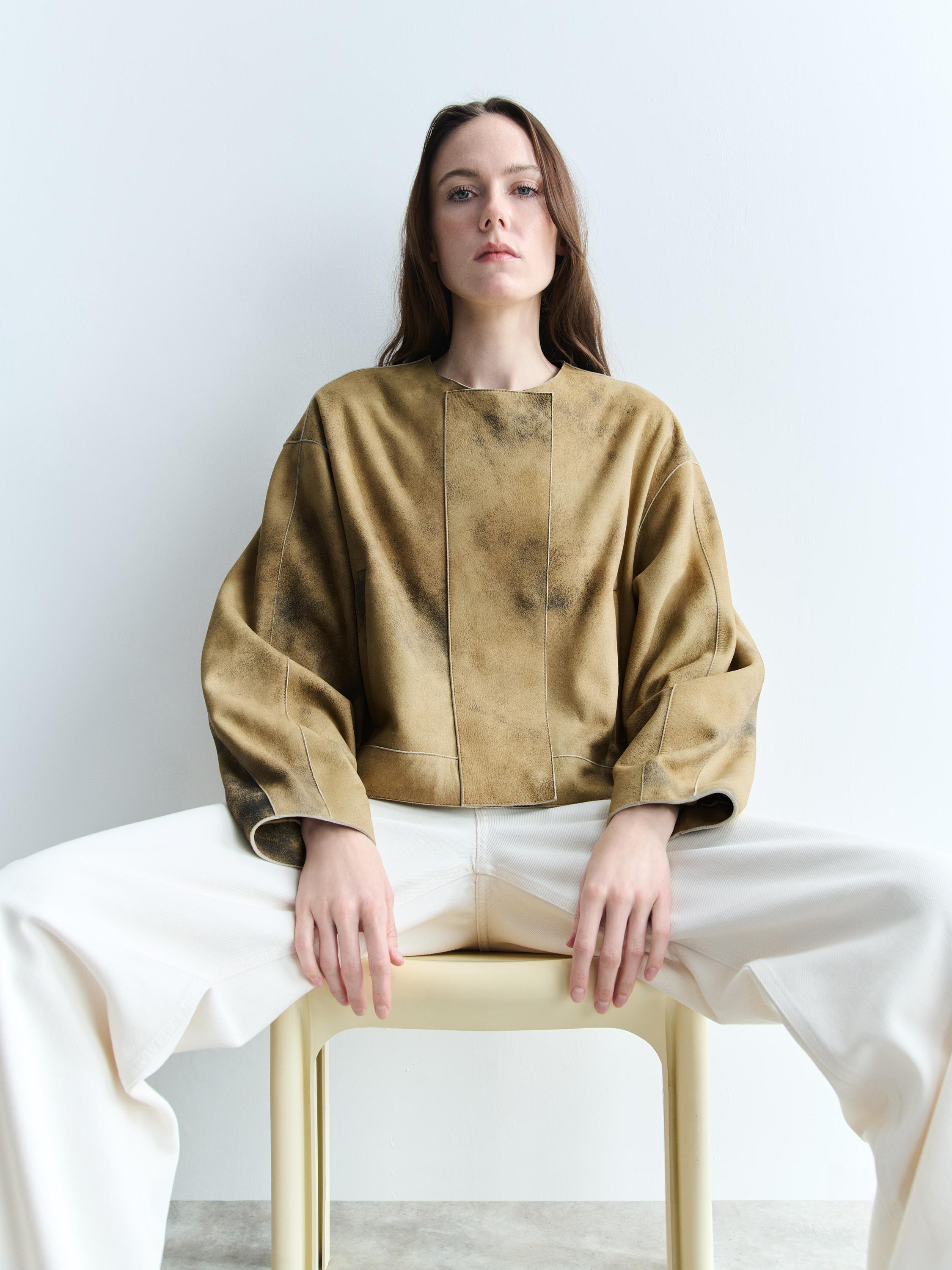 Worn effect suede leather jacket