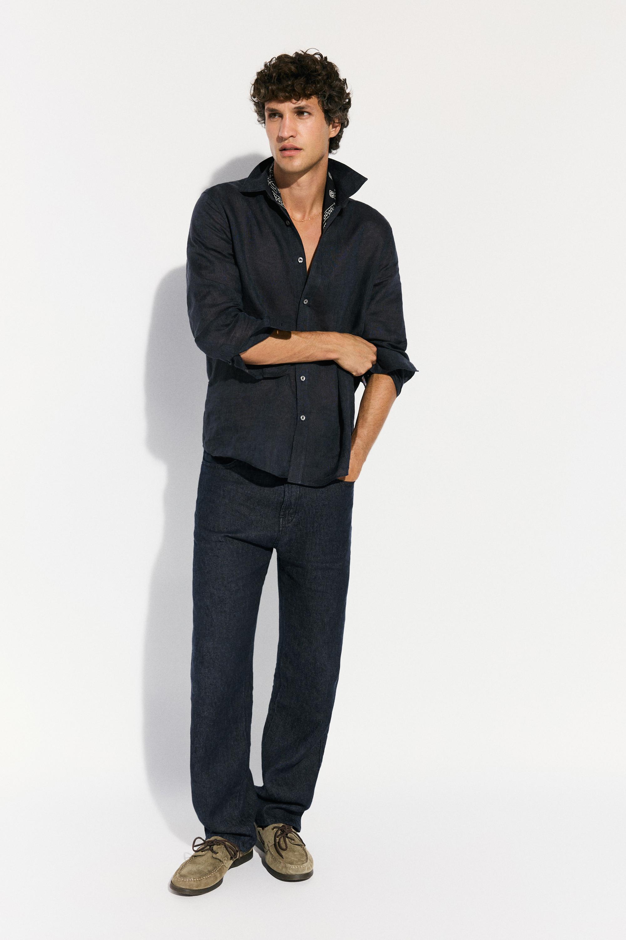 Regular fit 100% linen shirt — NAVY BLUE