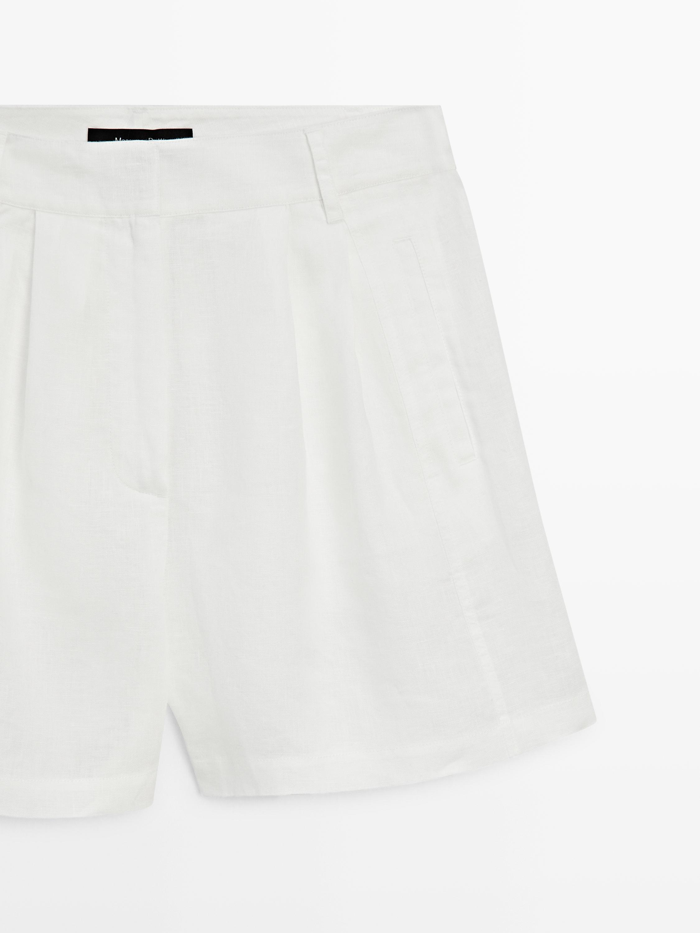 100% linen long Bermuda shorts with darts — WHITE