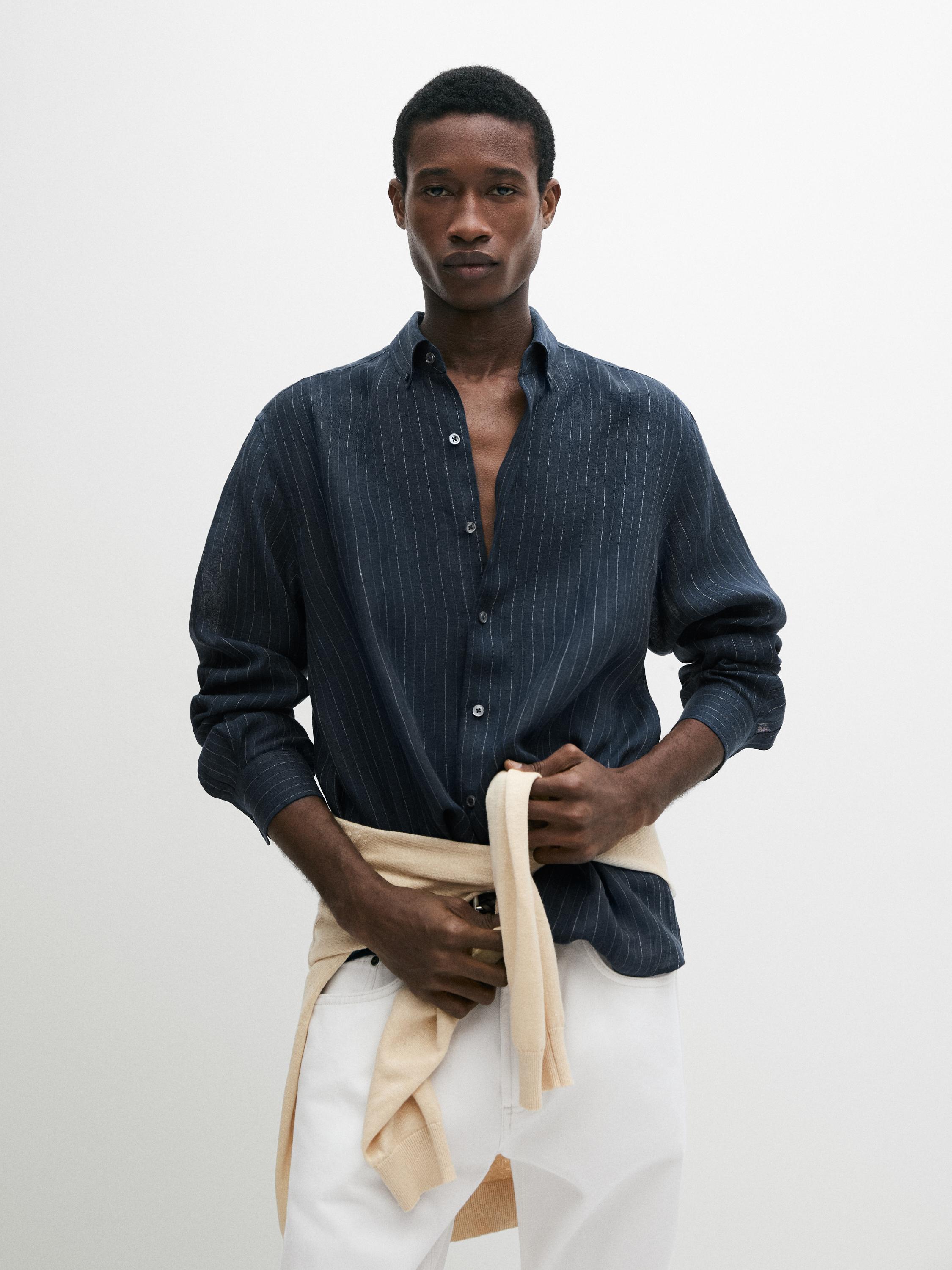 Camicia a righe con bottoni 100% lino