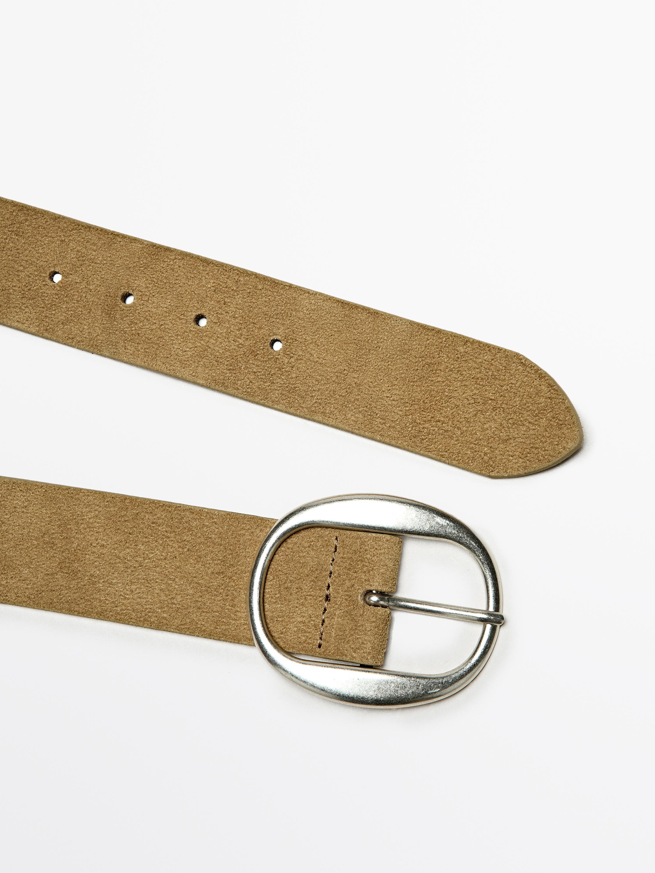 Split suede leather belt with oval buckle — SAND