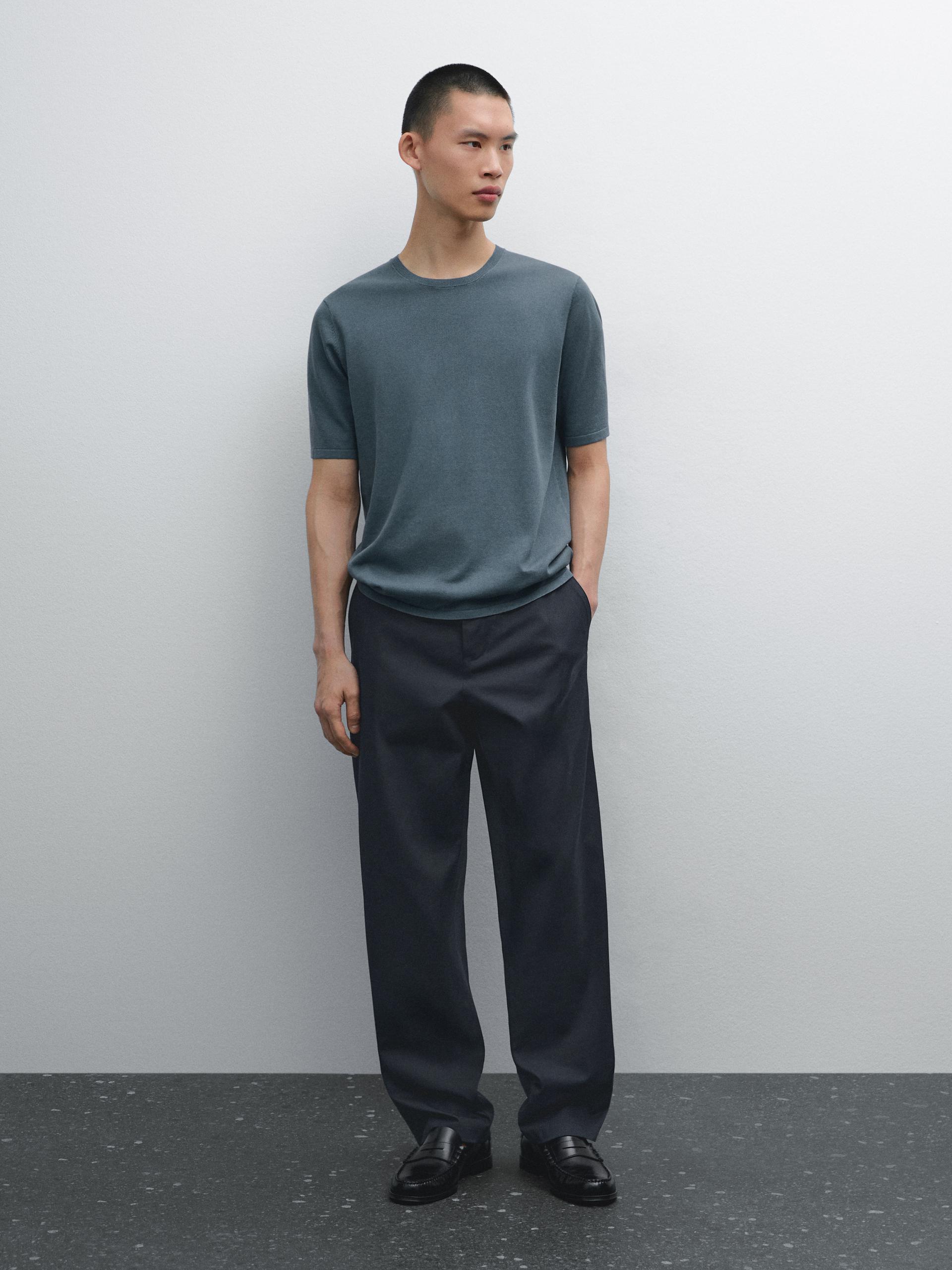 T-Shirt De Malha Em Mistura De Algodão - Azul Escuro - M - Massimo Dutti - Homem