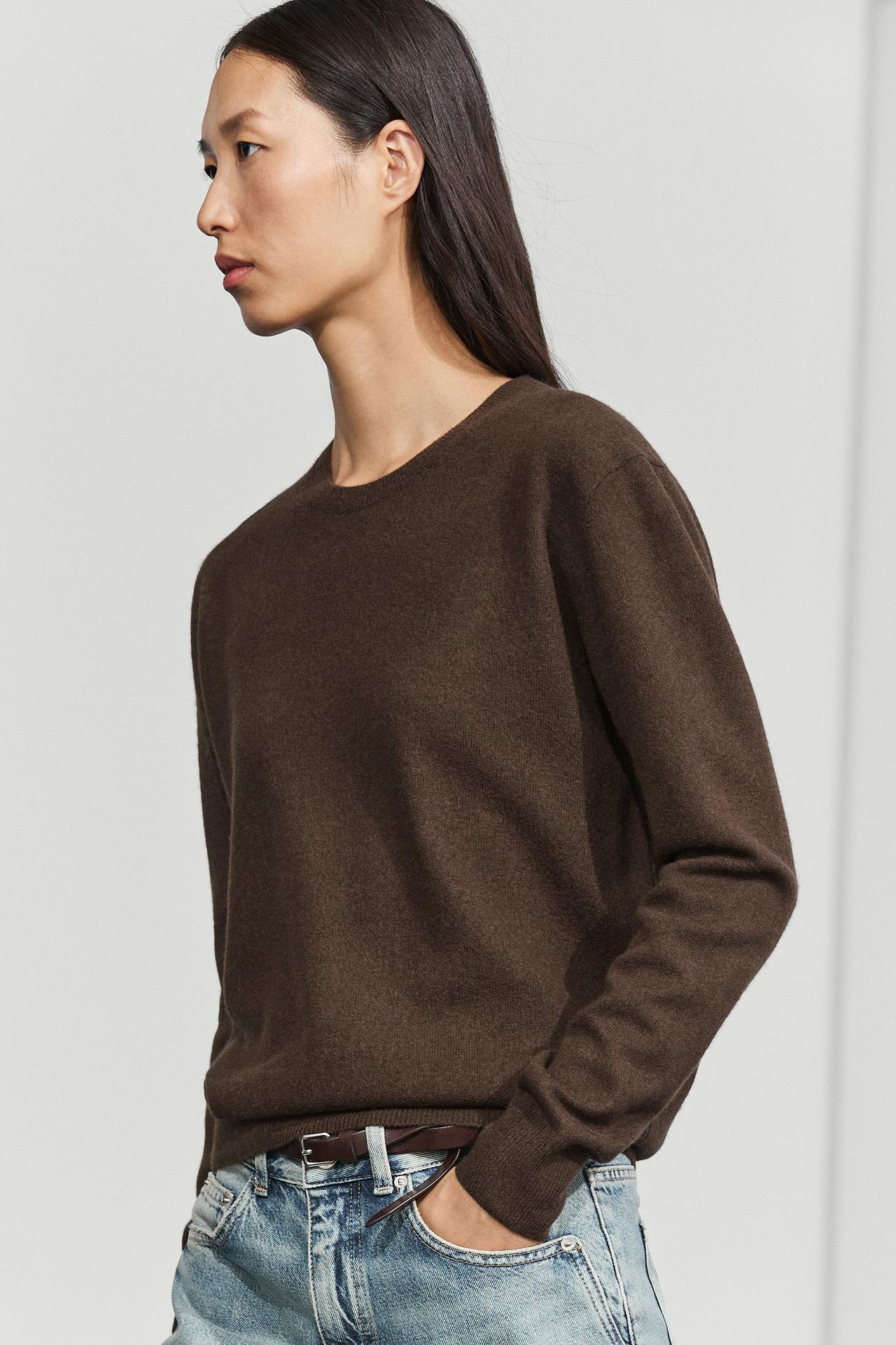 Wool blend crew neck knit sweater — BROWN MARL