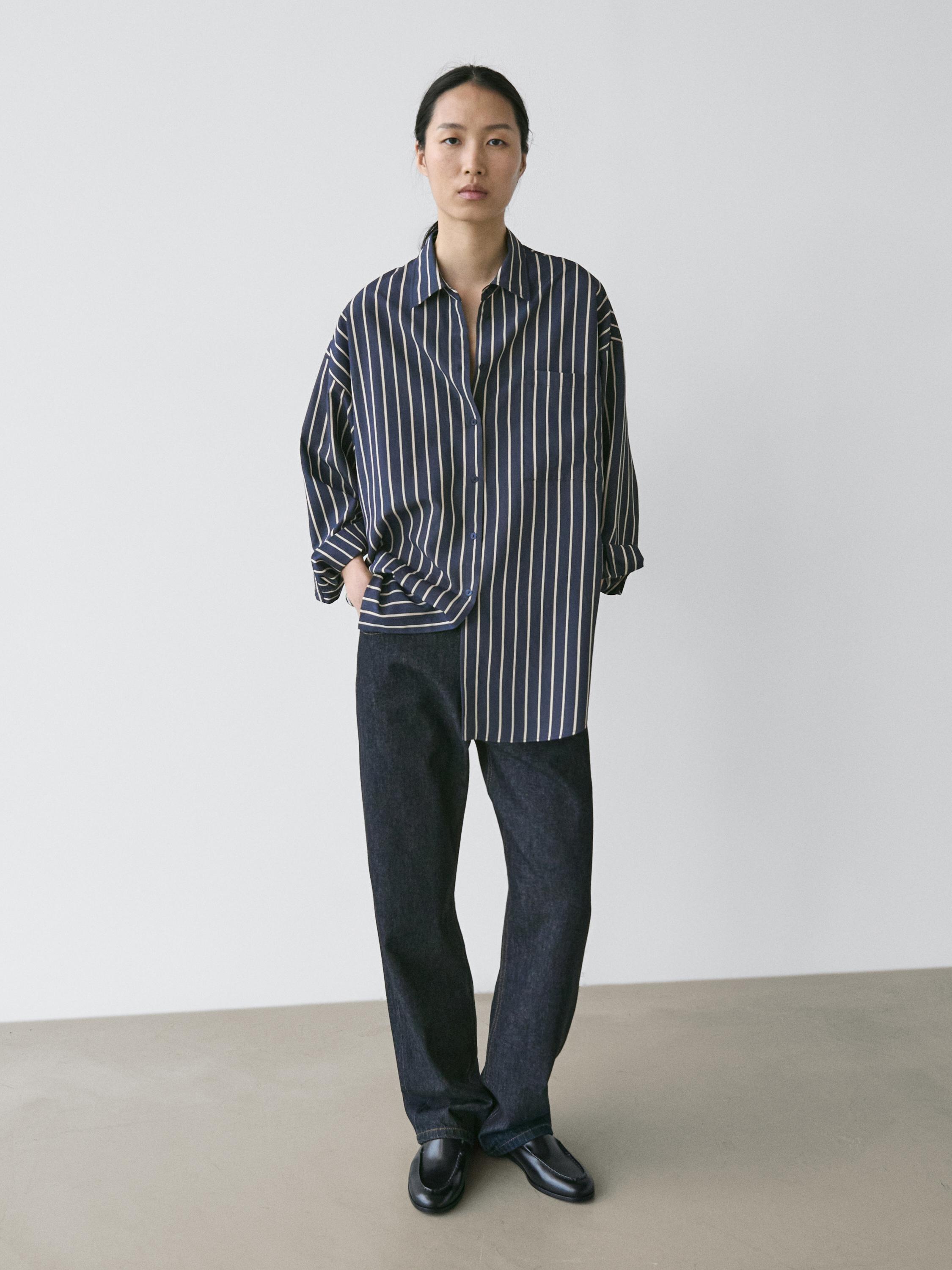 Striped flowing shirt with pocket detail — NAVY BLUE