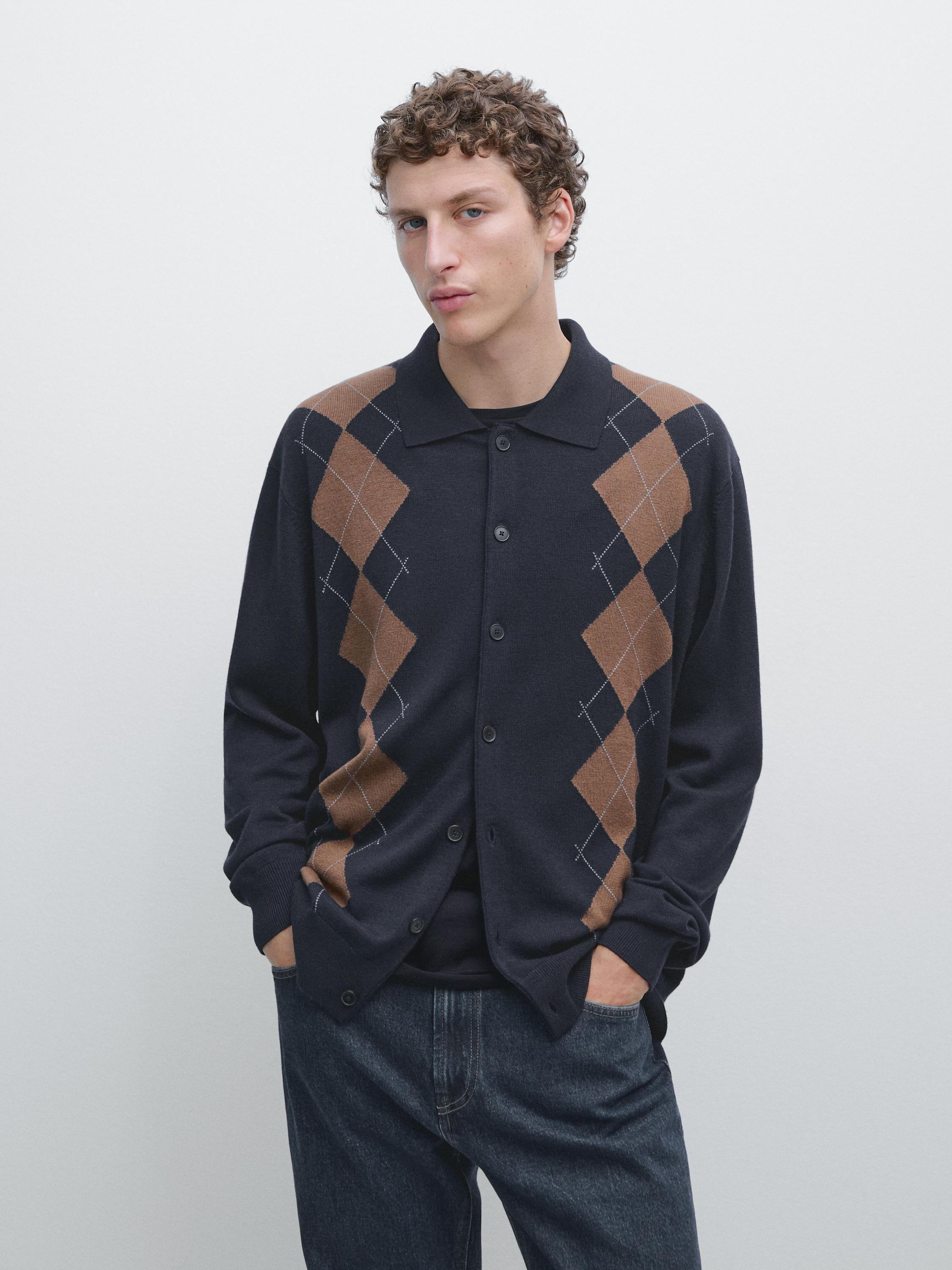 Wool blend argyle knit cardigan — NAVY BLUE