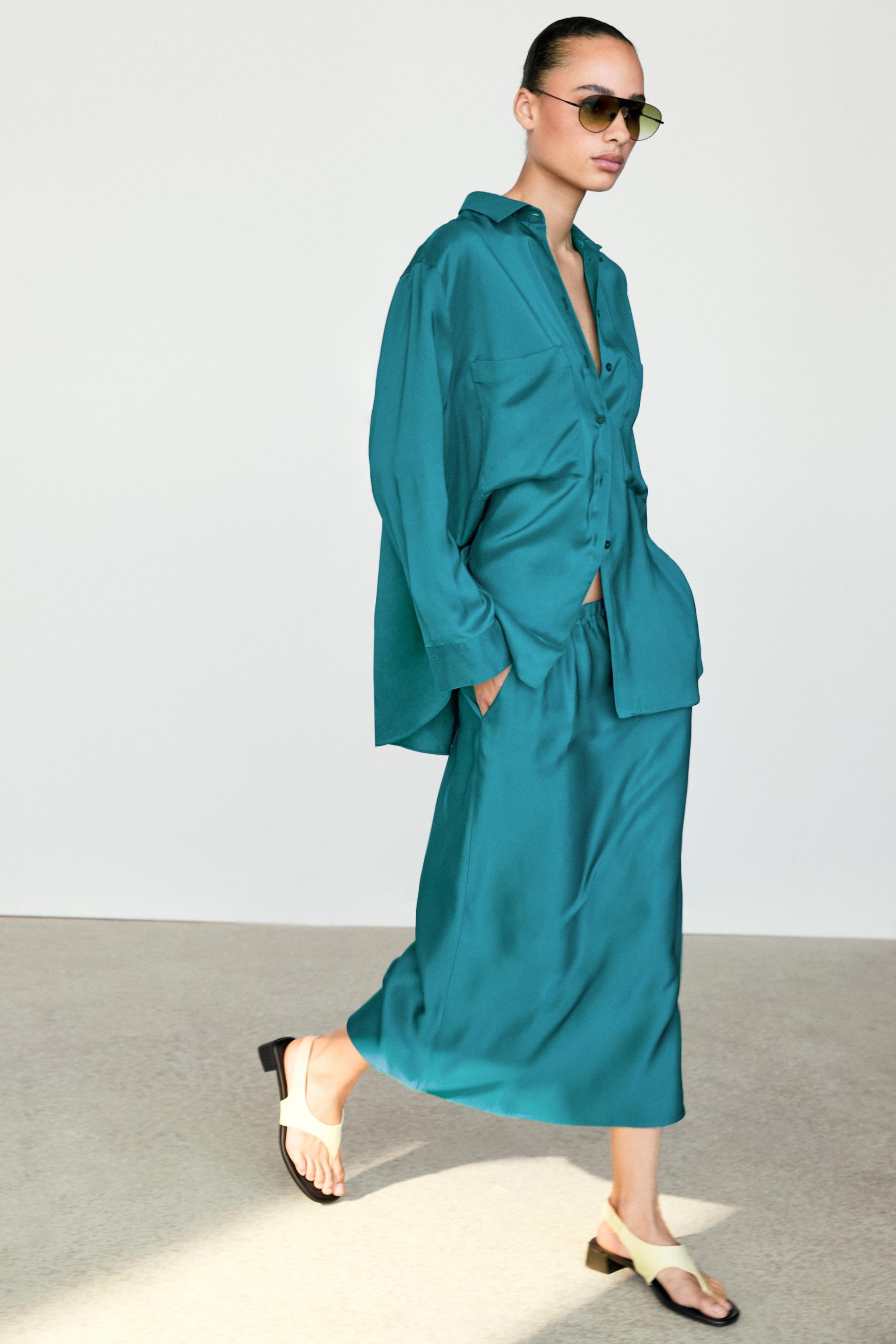 Satin midi skirt with pockets — BLUE