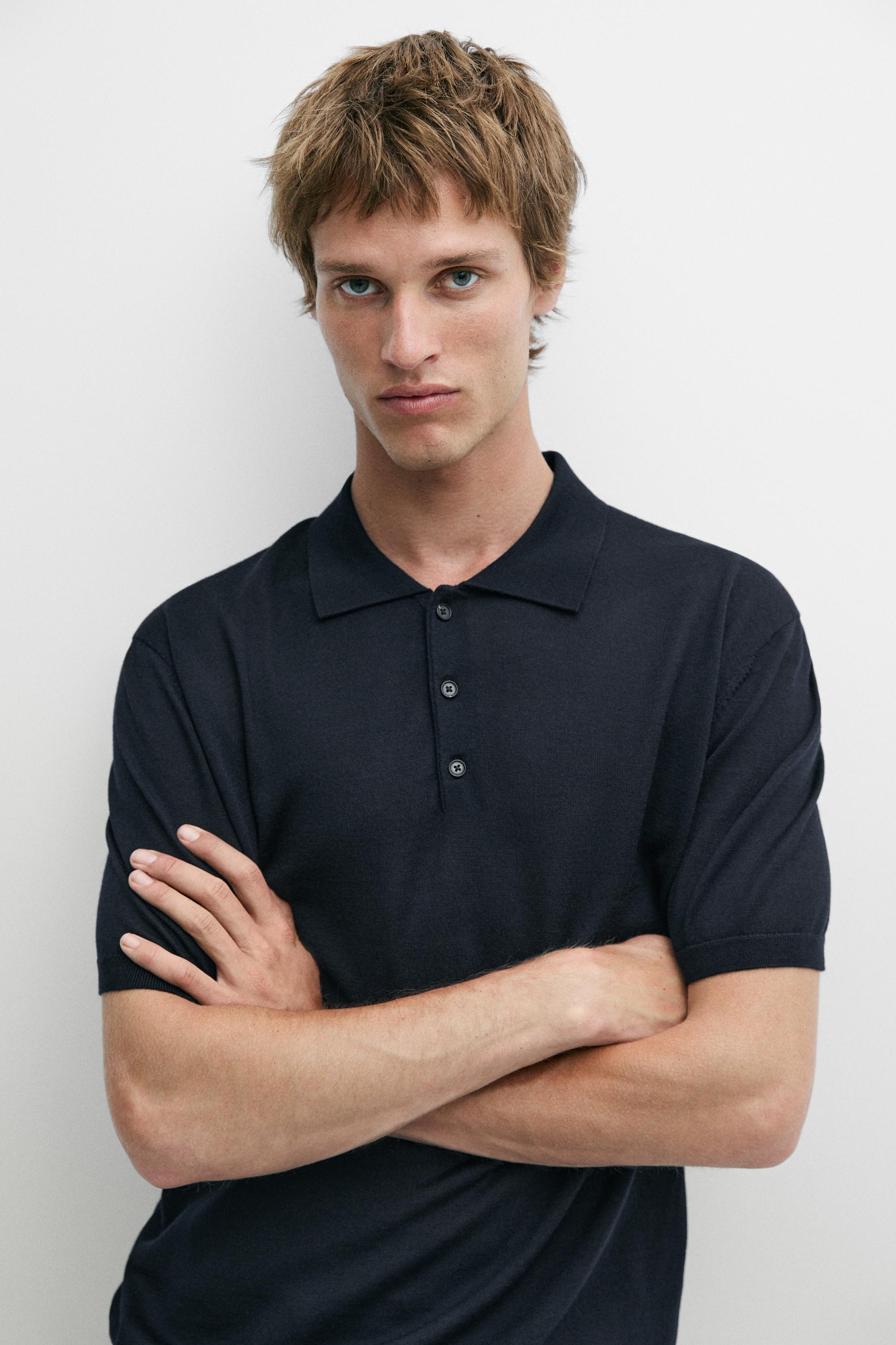 Wool blend knit polo shirt — NAVY BLUE