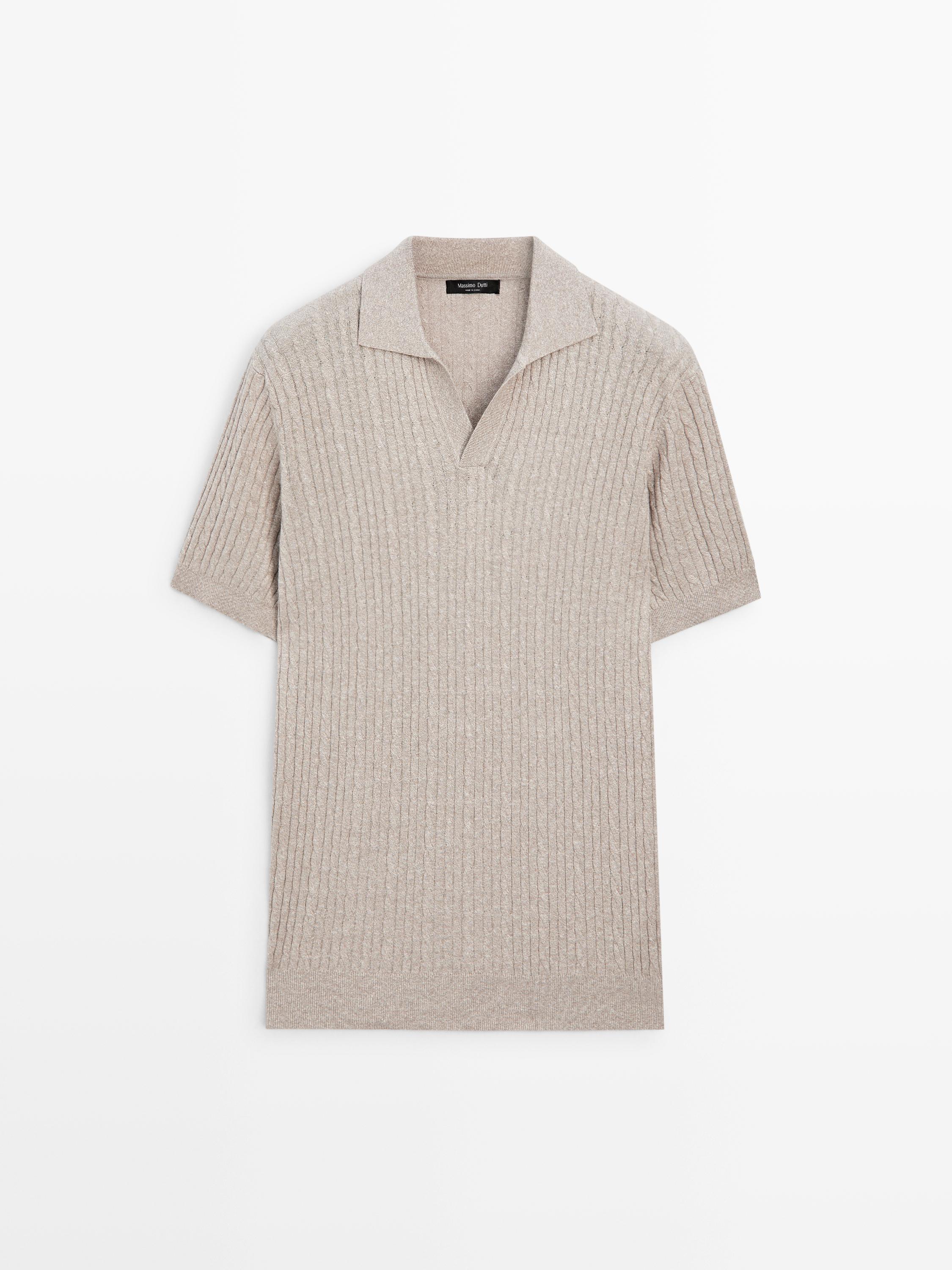 Short sleeve knit polo shirt with cable-knit detail — MINK