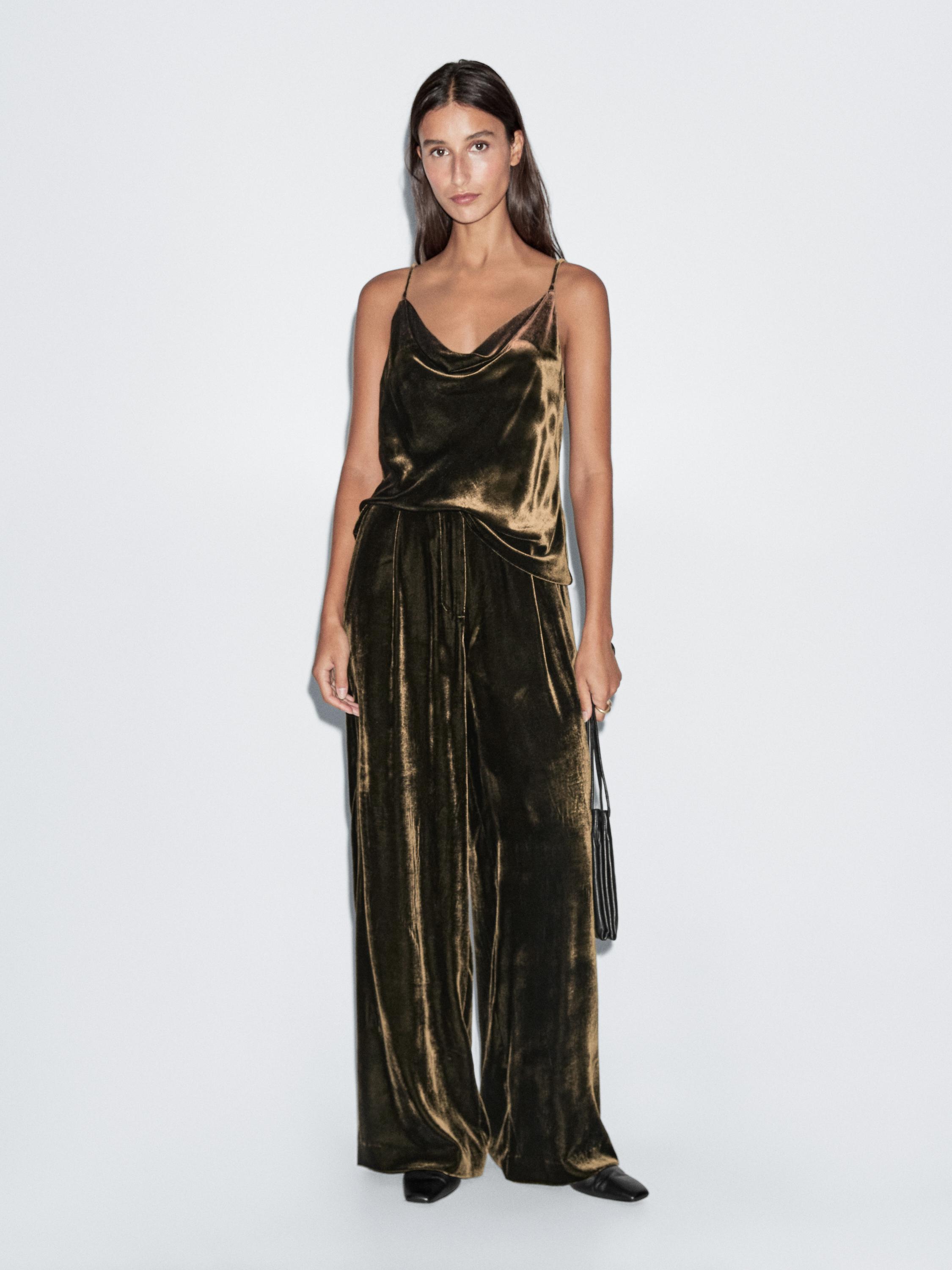 Wide-leg pleated velvet trousers with elasticated detail
