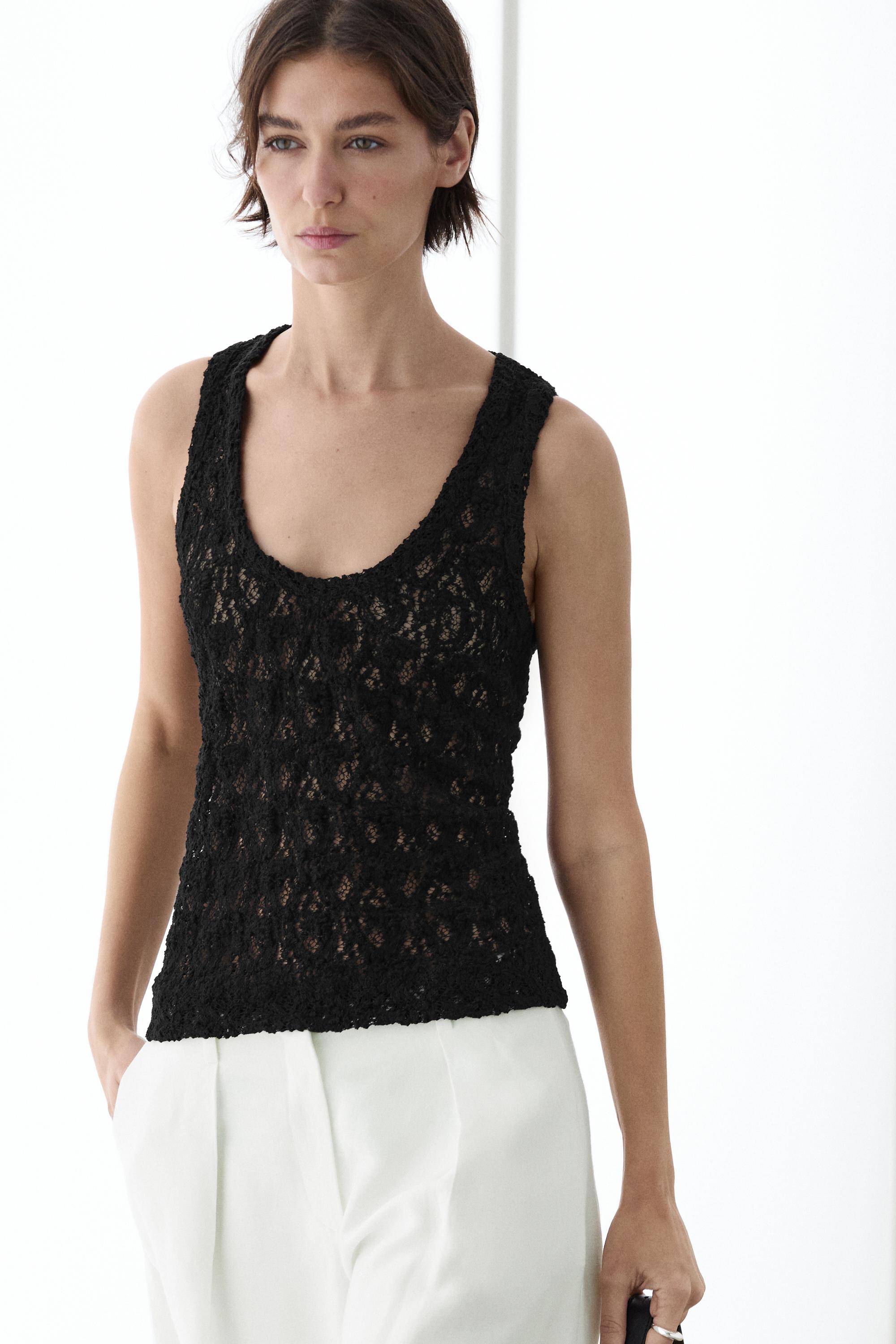 Round neck lace top — BLACK