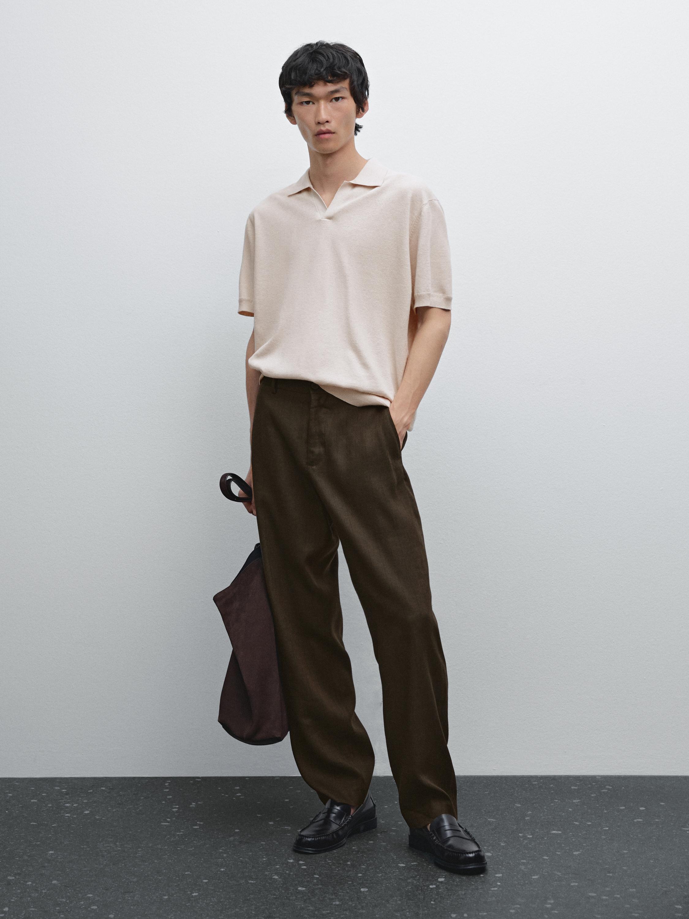 V-neck knitted polo shirt with linen