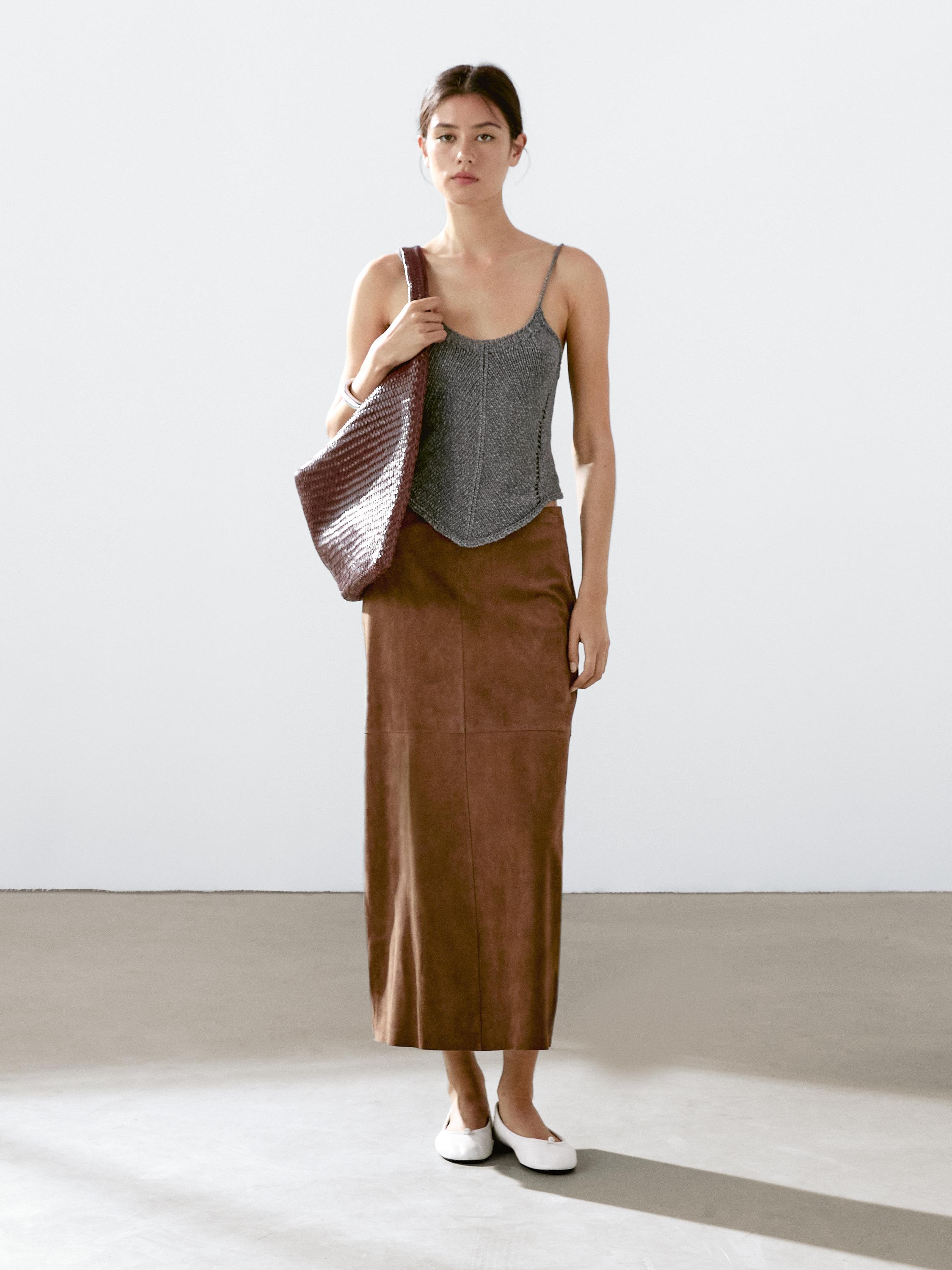 Suede leather midi skirt