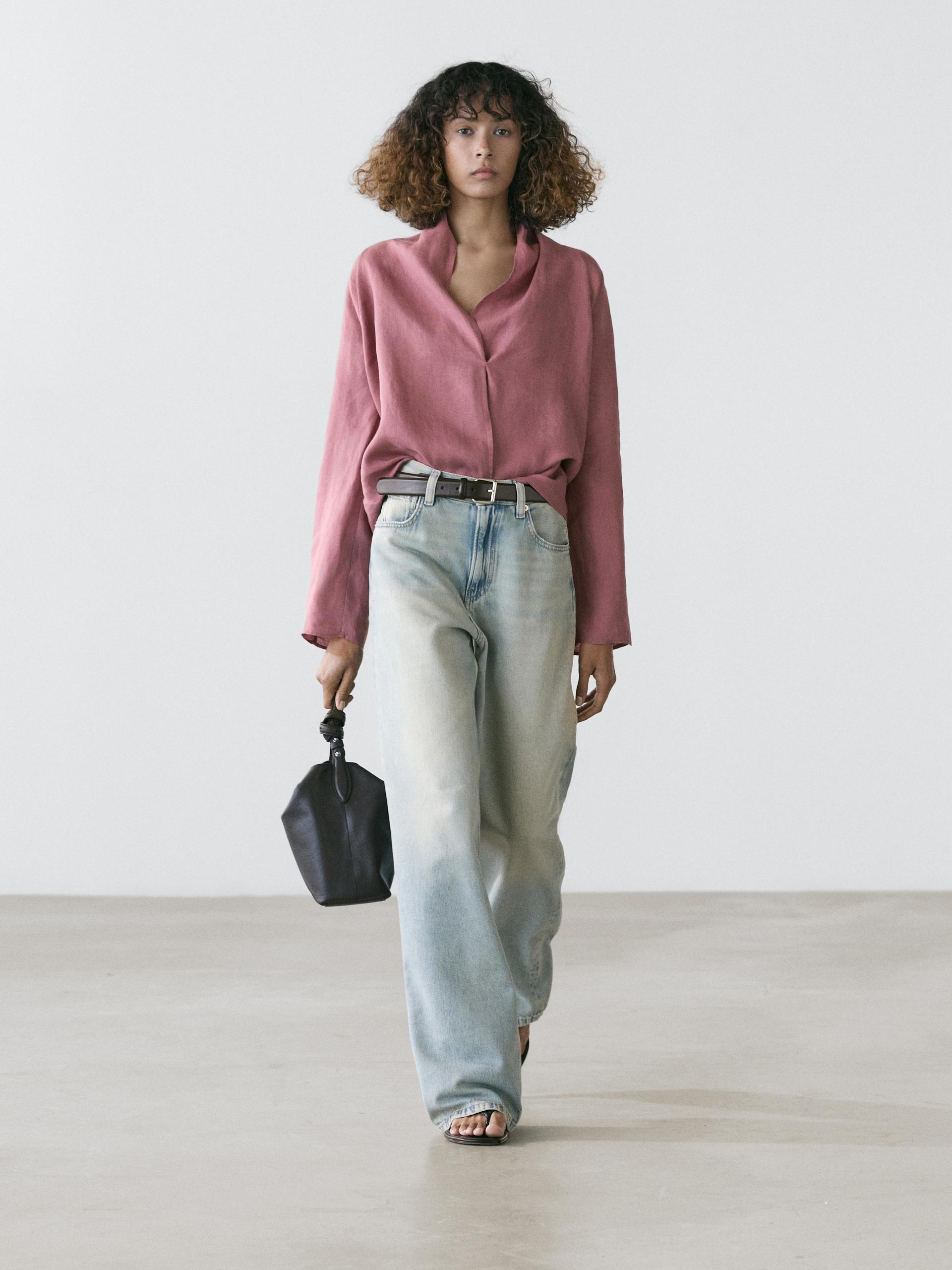 Camicetta Morbida Incrociata In Lino - Rosa - M - Massimo Dutti - Femminile