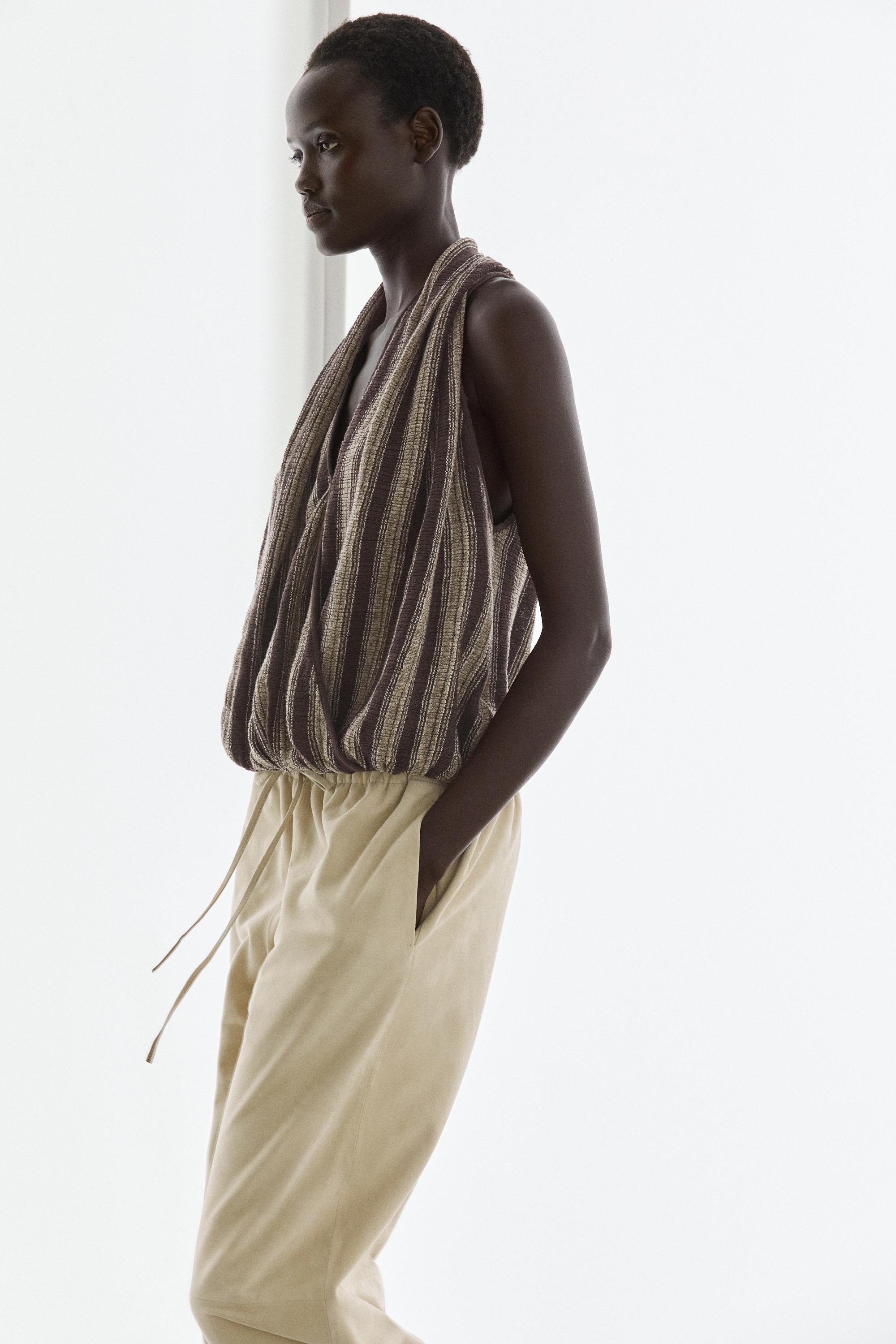 Surplice top with striped detail — BROWN