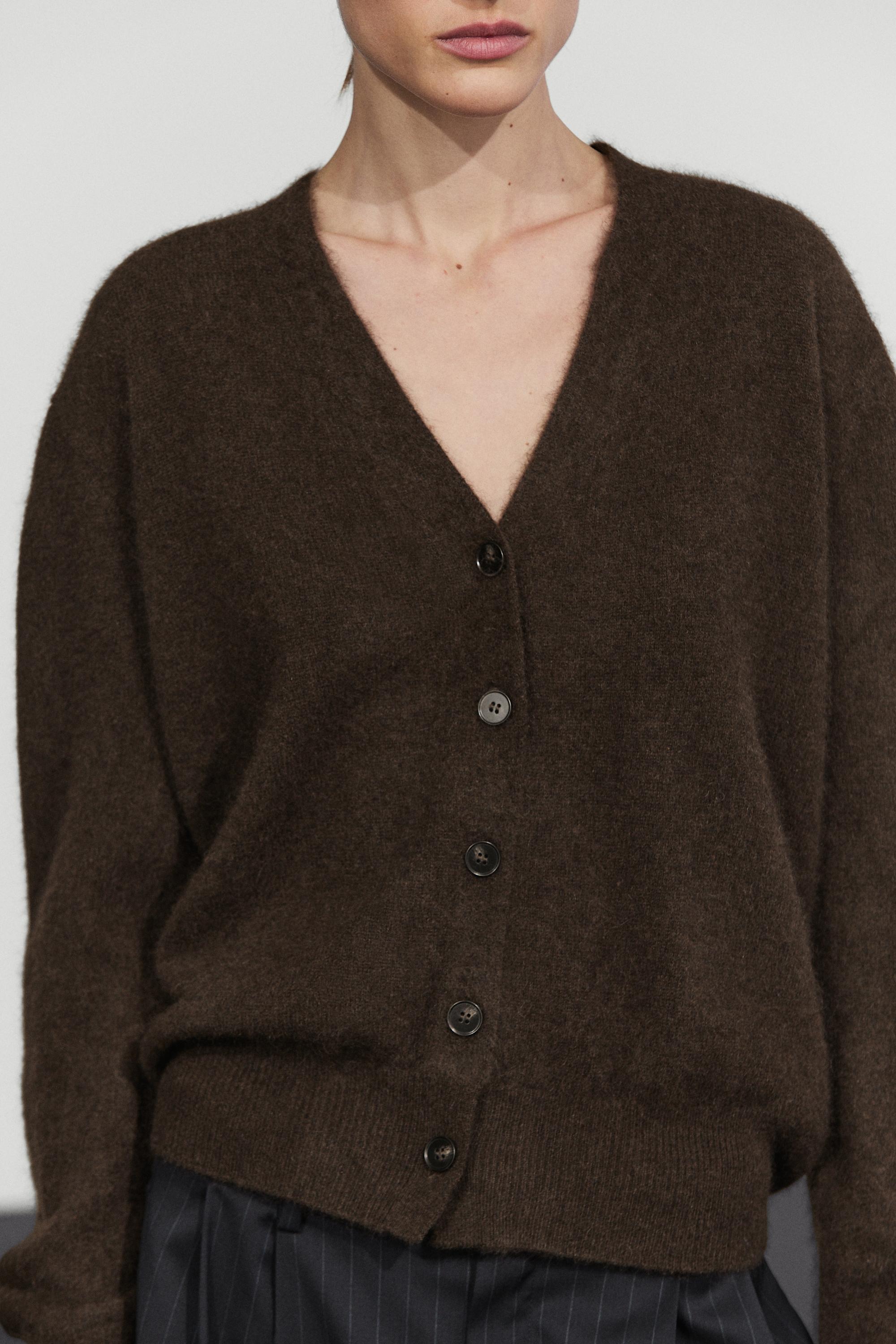 Brushed wool-blend V-neck knit cardigan — BROWN