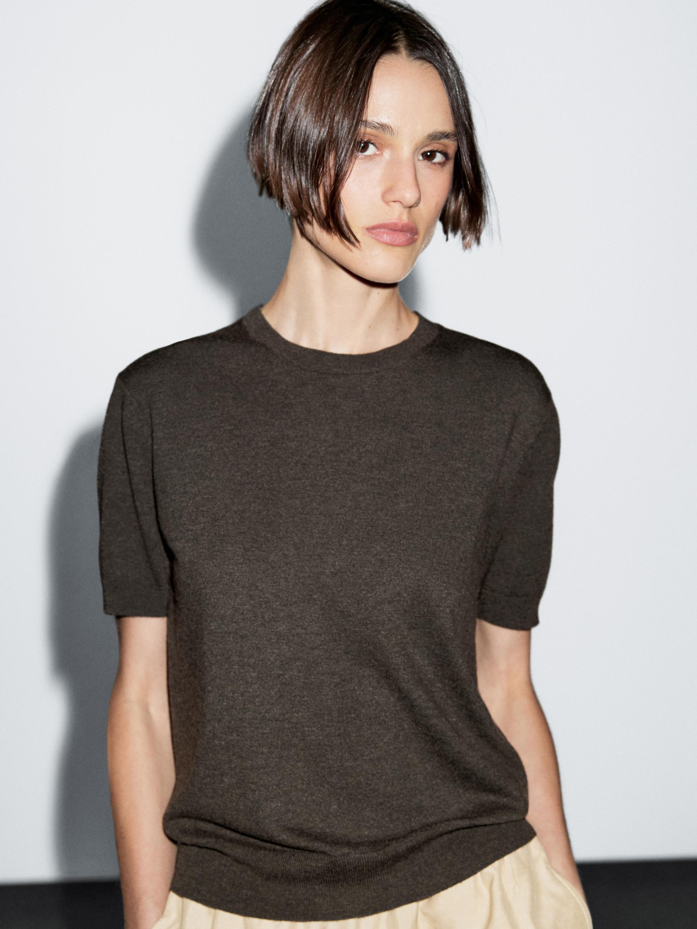 Short-sleeve wool blend knit sweater