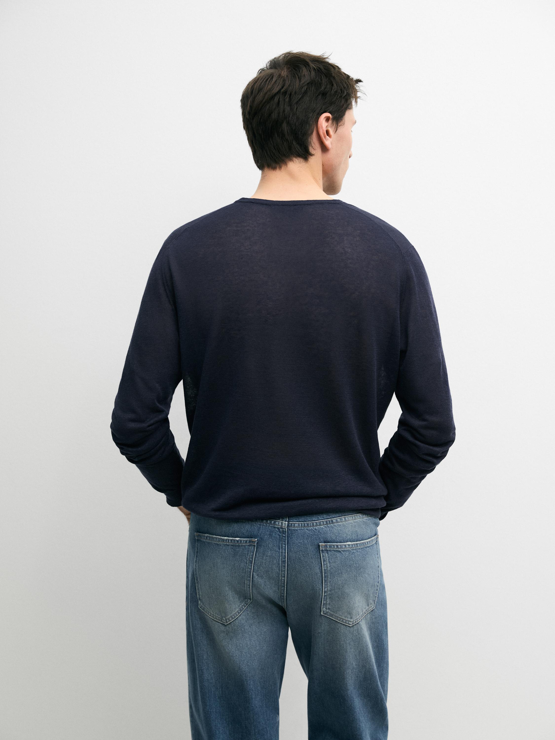 Linen and cashmere knit crew neck sweater — NAVY BLUE