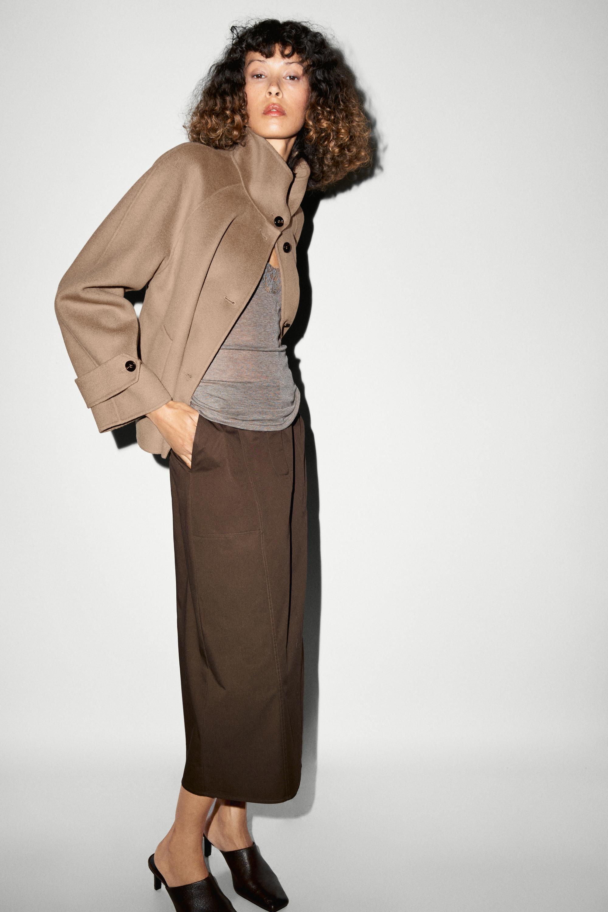 Short stand-up collar wool blend coat — Khaki