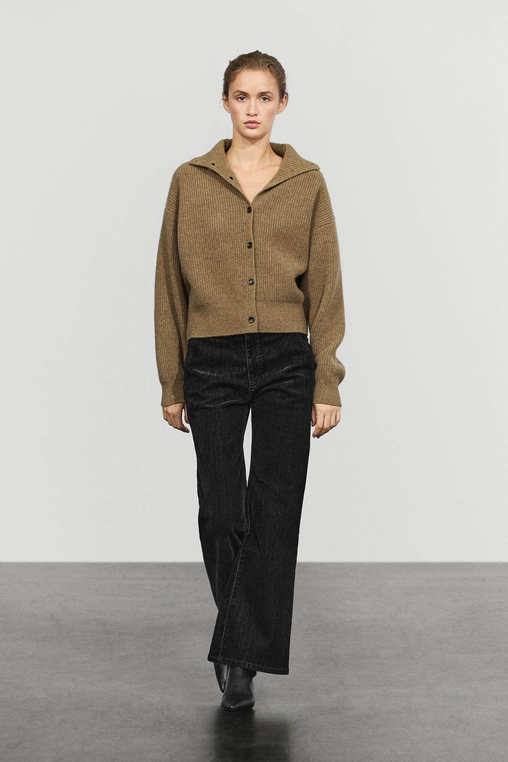 100% wool purl funnel neck cardigan