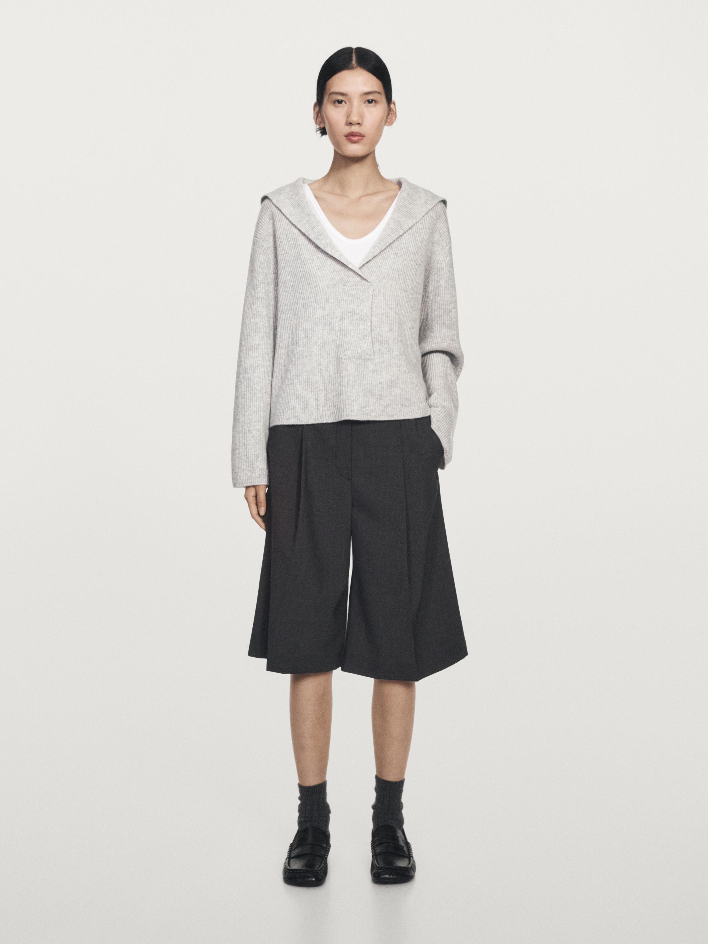 Knit V-neck sweater with lapel collar