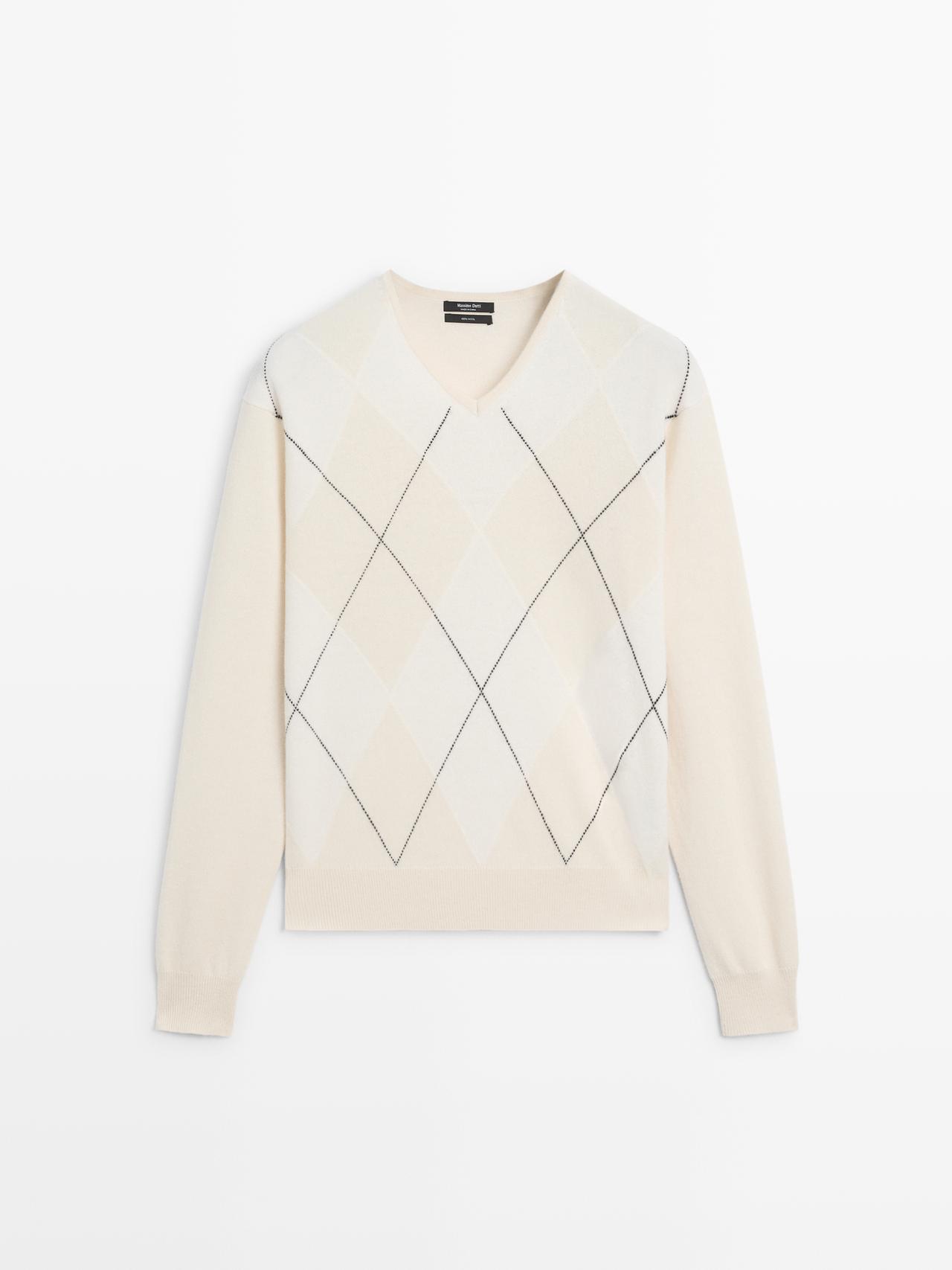 Massimo Dutti - Dame - Striktrøje Med Romber I 100 % Uld - Råhvid - S