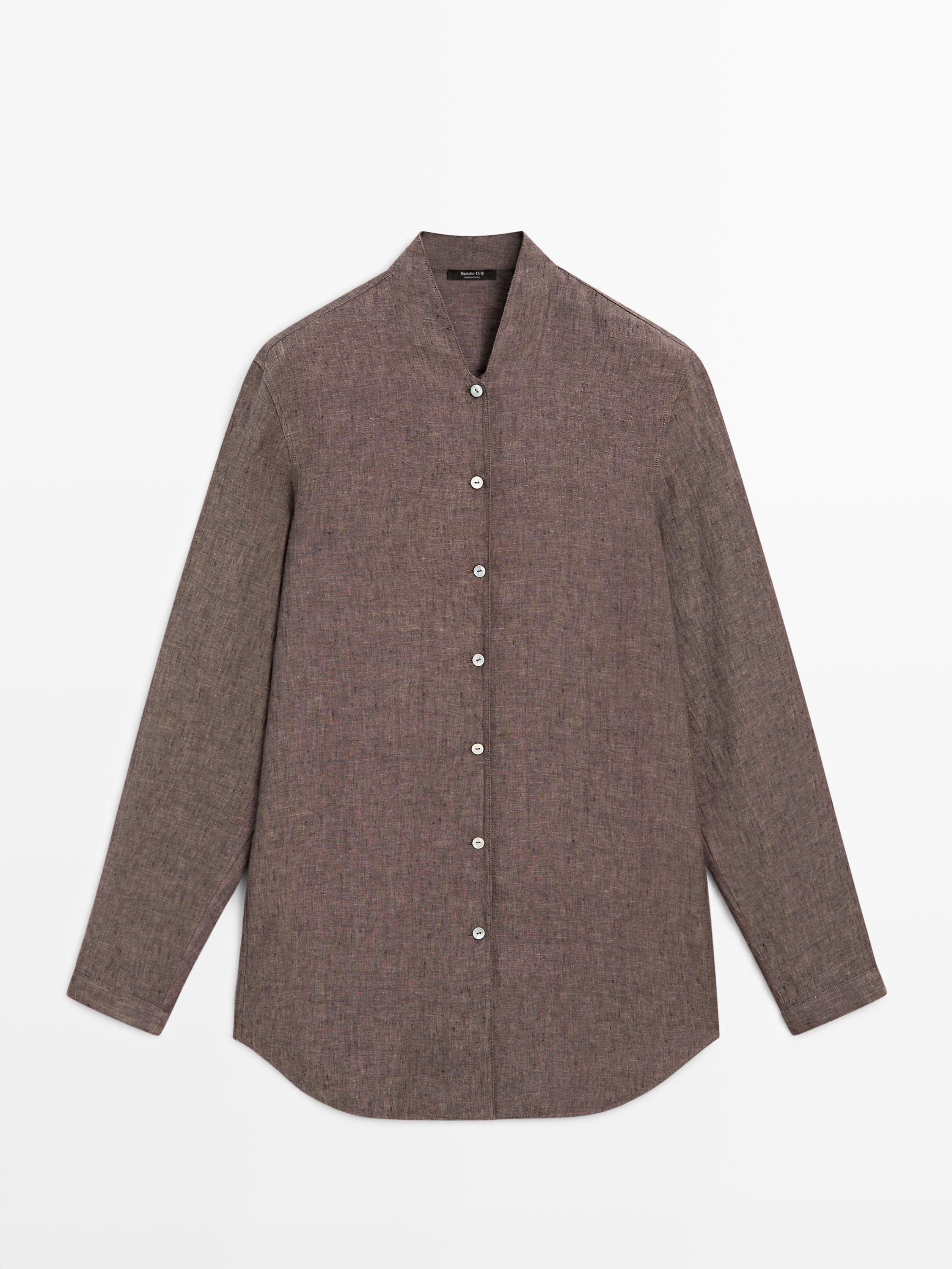 100% linen V-neck shirt — BROWN
