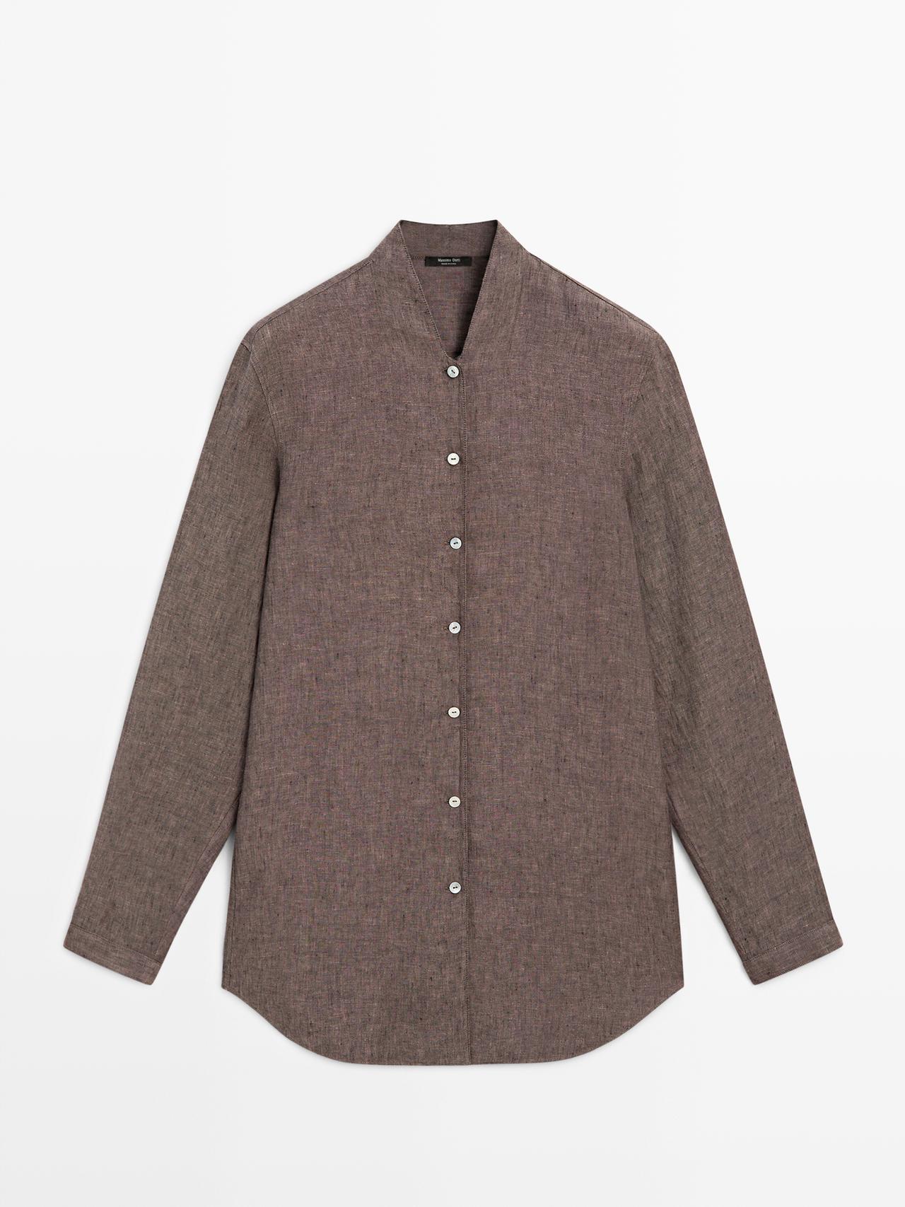 Massimo Dutti - Dames - 100% Linnen Overhemd Met V-Hals - Bruin - Xs