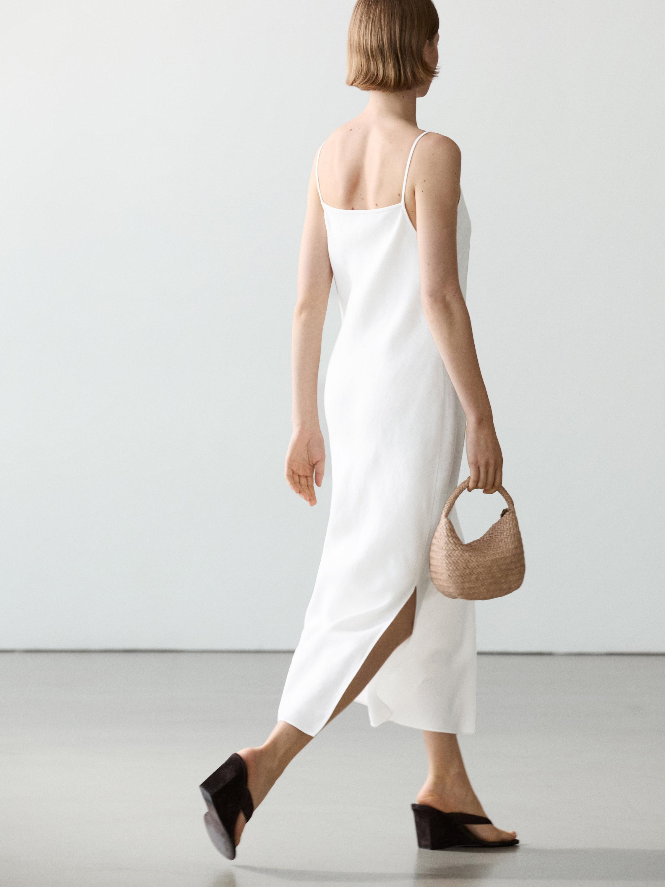 100% linen midi dress with straight neckline — WHITE