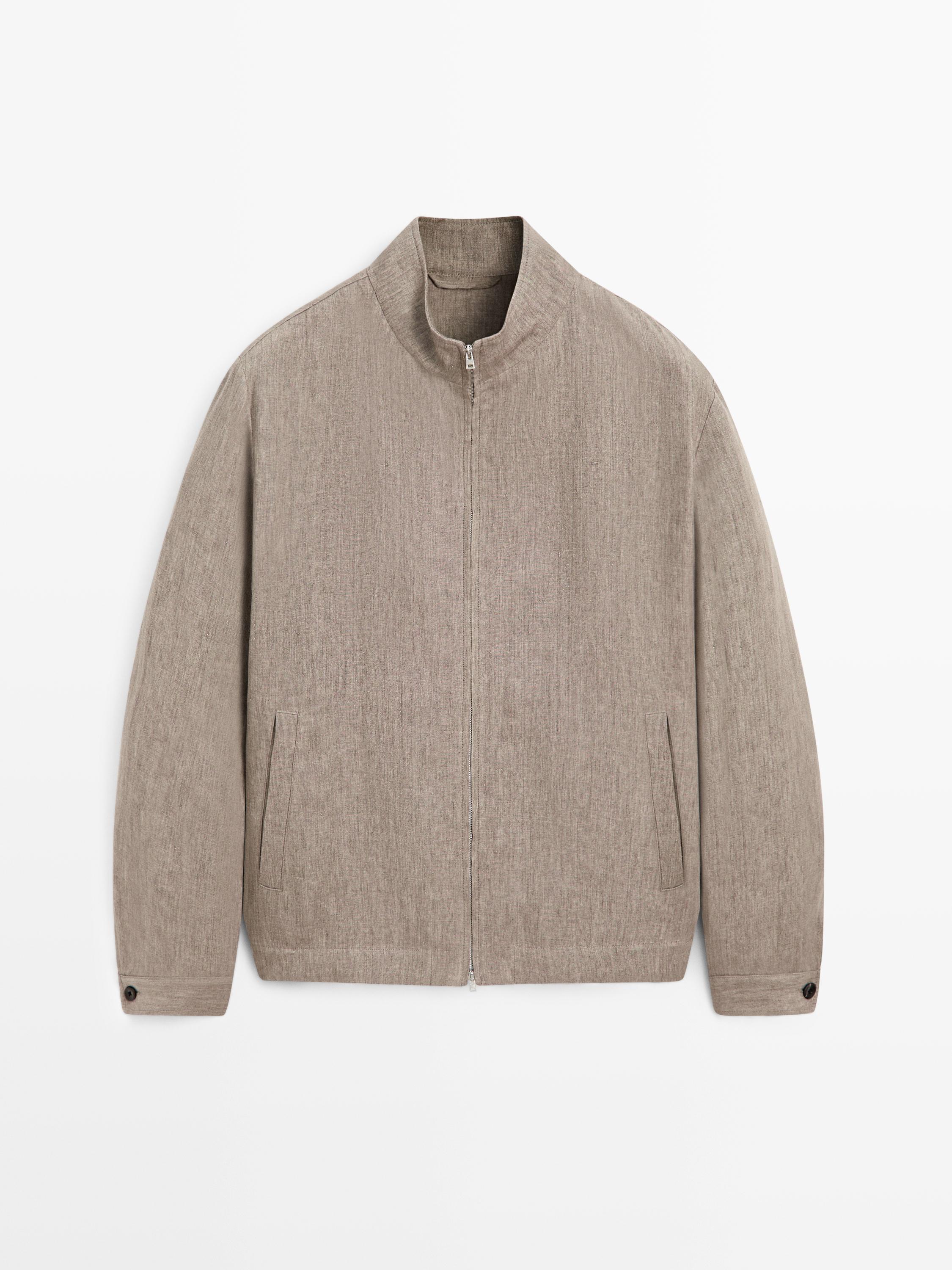 Faded total look linen bomber jacket — BROWN