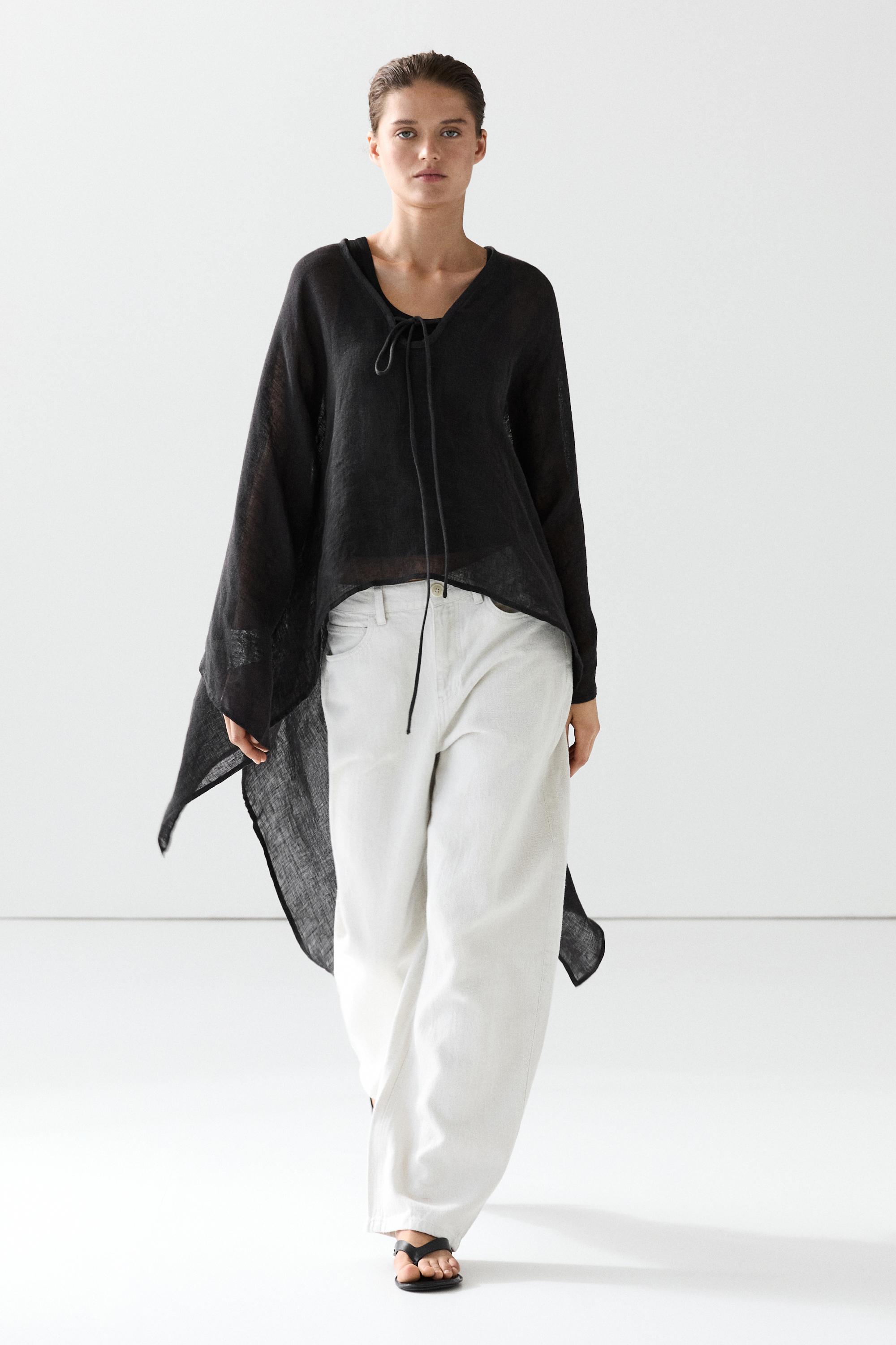 100% linen cape with tie details — BLACK