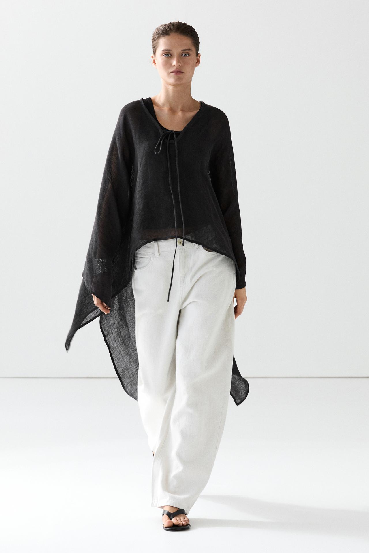 100% linen cape with tie details — BLACK